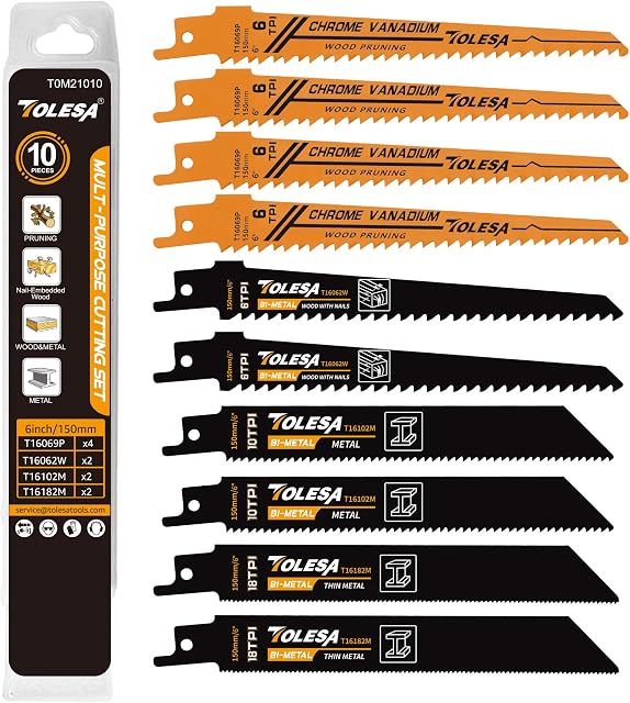TOLESA 10 Pieces Reciprocating Saw Blades for Wood Pruning PVC Cutting Multipurpose Demolition Bi-metal Reciprocating Saw Blades for Thick Metal Cutting Sawzall Blades for Window Door Demolition