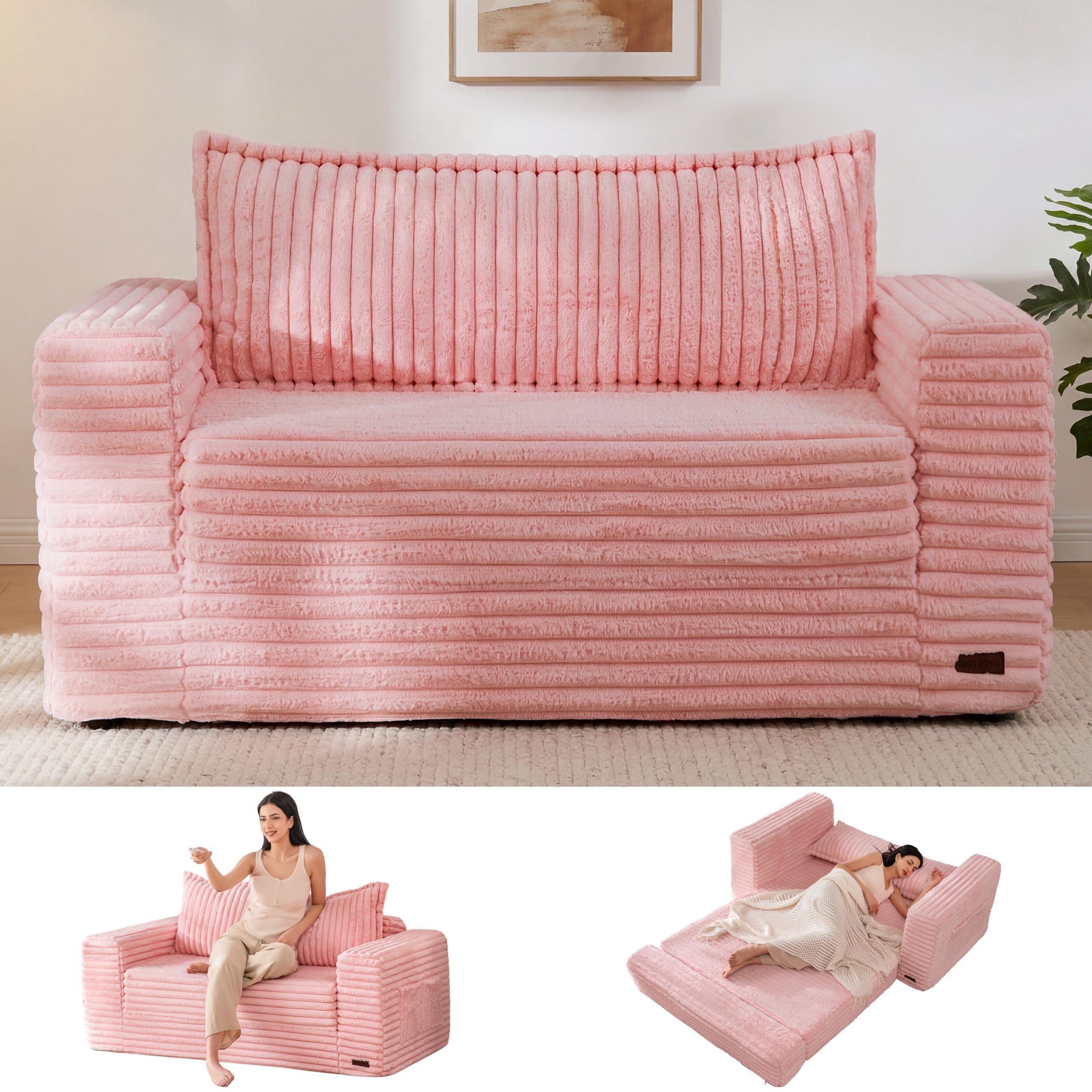 MAXYOYO Convertible Sofa Bed, Pull-Out Loveseat Couch Bed for Small Space | 2 in 1 Folding Couch Bed with Large Back Pillow, Plush Faux Fabric Lounge Couch for Living Room, Apartment, Pink