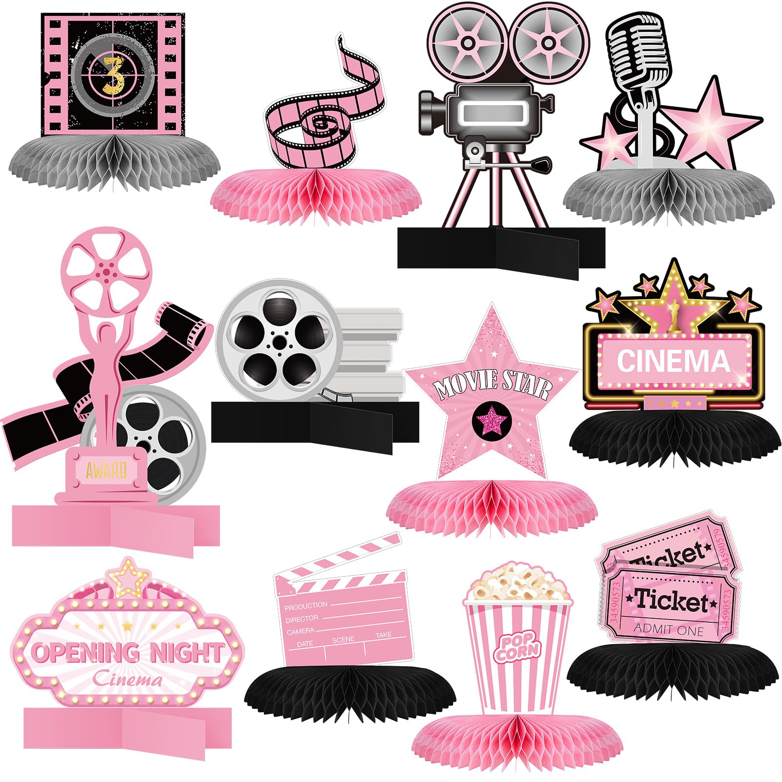 Chinco 12 Pcs Movie Honeycomb Centerpiece Decorations Movie Night Table Party decor Microphone Ticket Star Video Props Paper Centerpiece Sign for