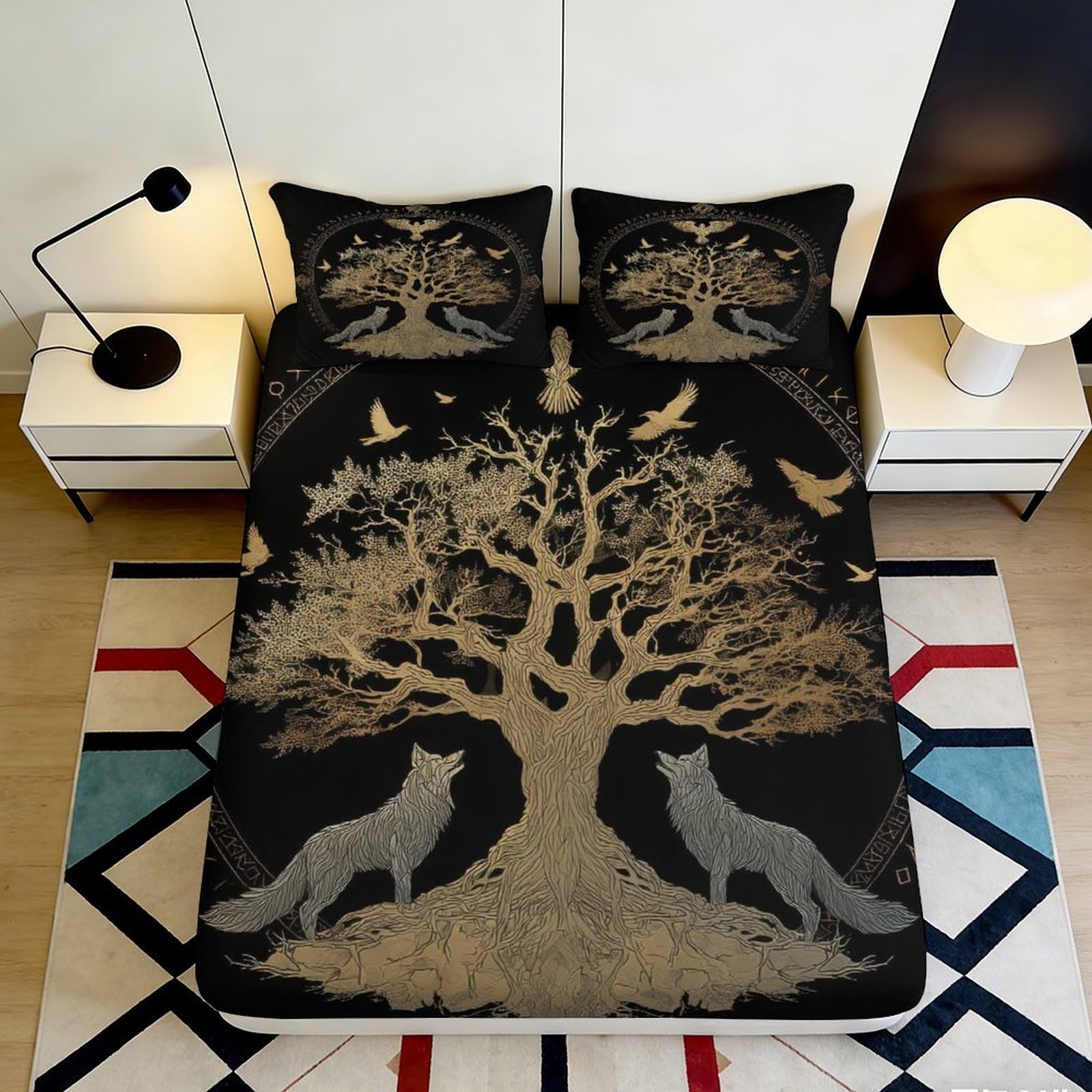 Pnayamiorkfel Style-10 3D Printed Norse Tree Of Life Fitted Sheet Microfiber Wolf Bird Bed Cover Non-Slip Washable For Bedroom Decor 90X200x25cm