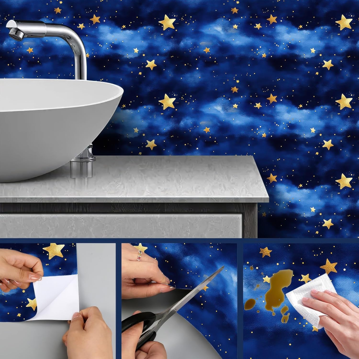 HOMETITUTE Night Sky Star Wallpaper Peel and Stick Contact Paper Wall Paper Stick 17.7" x 118.1" Self Adhesive Removable Vinyl Wall Covering Bedroom Kitchen Home Decor