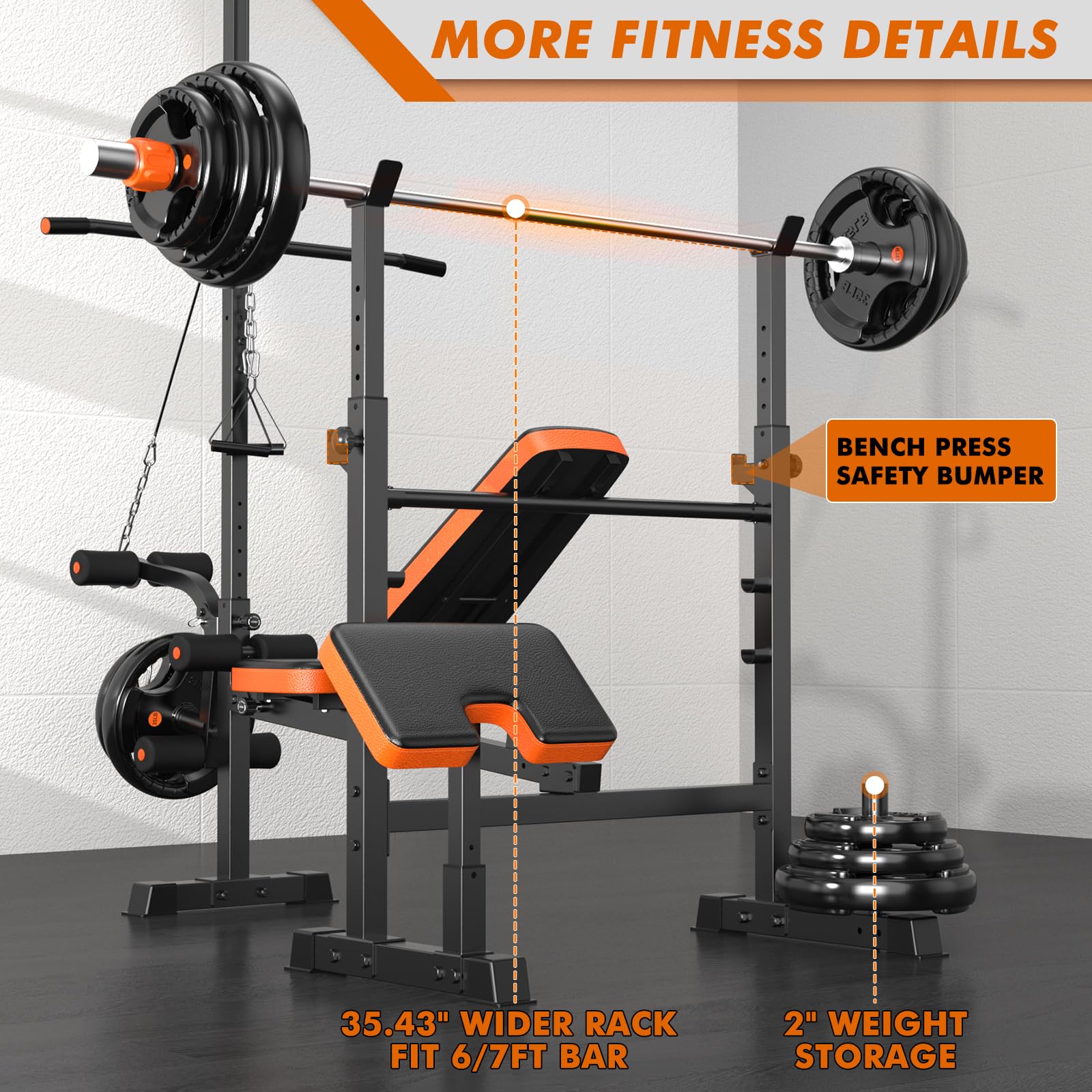 Bench Press Set, 880LBS Adjustable Weight Bench with Leg Extension and Preacher Curl Pad, 8 IN 1 Multi-Function Gym Bench with LAT Pulldown Pulley System, Full-Body Workout Home Gym Equipment