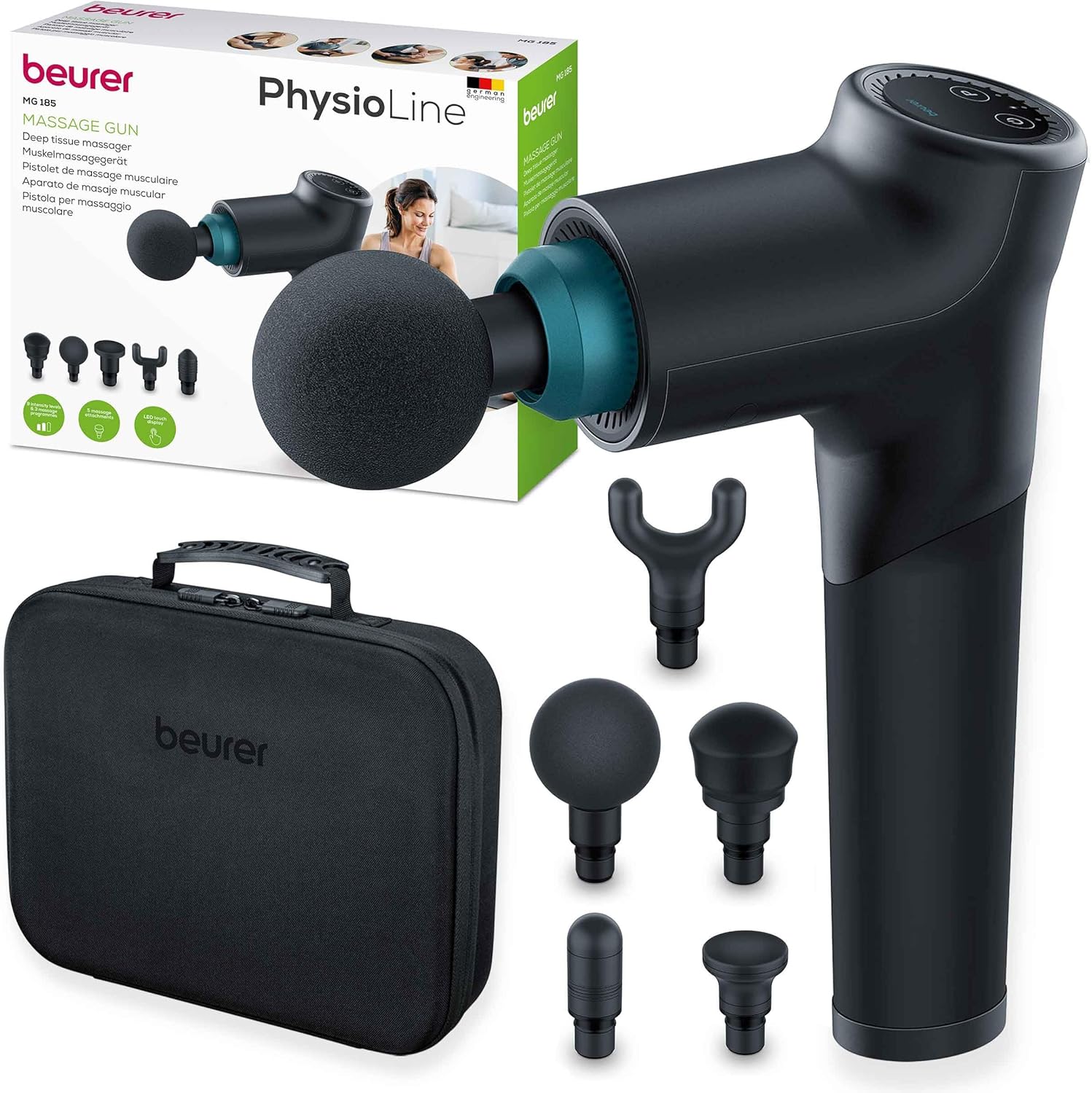 Beurer MG 185 Massage Gun, Massage Gun with 5 Attachments, Powerful Trigger Point Massage, Relaxing Tension, Muscle Massager with 9 Intensity Levels, with Battery