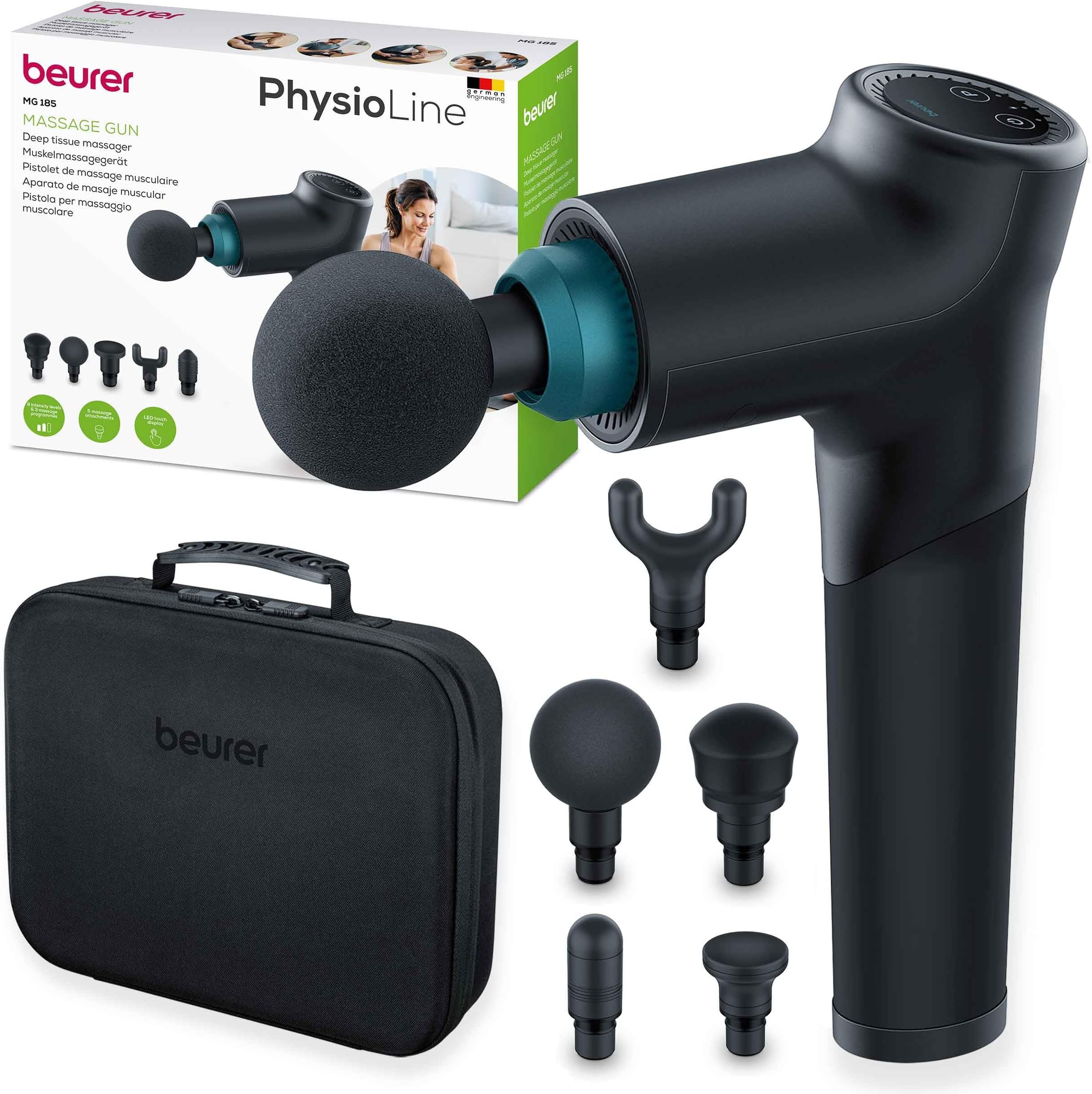 MG185 Massage Gun, Deep Tissue Massager with 5 Attachments, Delivers a Powerful Trigger Point Massage to Relieve Tension, Handheld Massager with 9 Intensity Levels, Rechargeable Battery