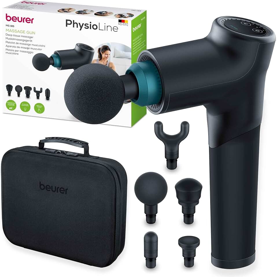 Beurer MG 185 Pistolet de massage avec 5 têtes de massages, massage des points gâchettes, relâchement des tensions, appareil de massage musculaire avec 9 niveaux d'intensité, avec accu
