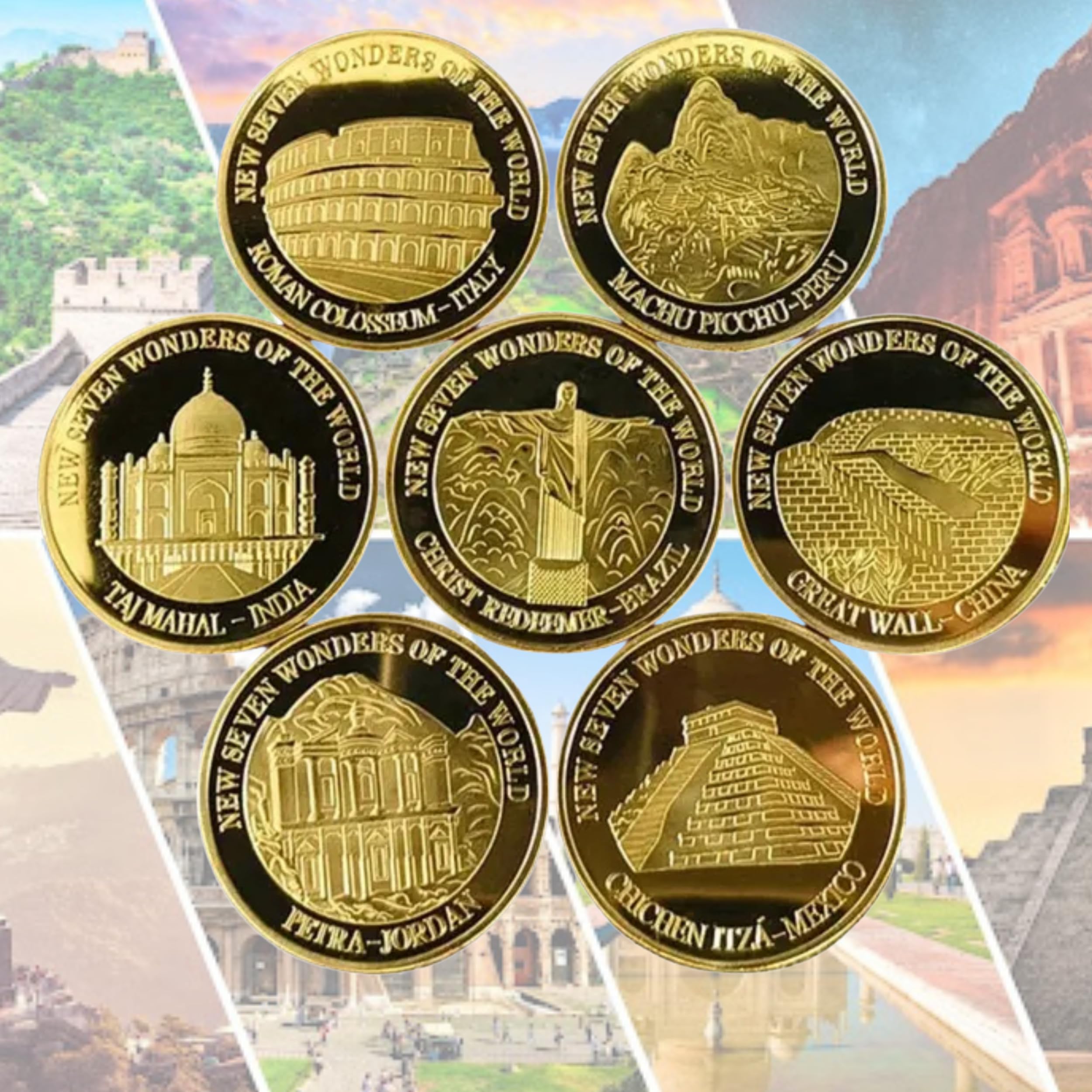 Lot de 7 pièces de Collection commémoratives représentant Les 7 Nouvelles Merveilles du Monde, avec 7 étuis de Protection individuels, et 7 Supports de présentation, Cadeau Unique et prestigieux.