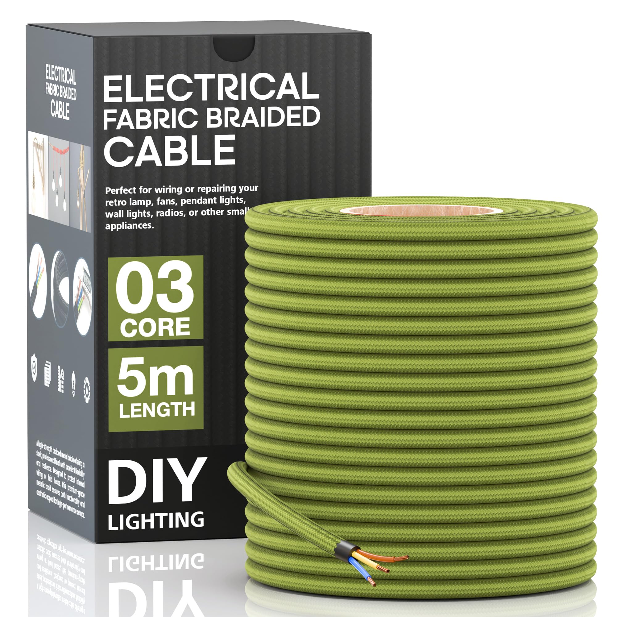 Army Green Cable 3 Core Round 5 Meter Fabric Braided Flex Lighting Cable, Vintage Electrical Cable Wire Flexible Fabric DIY Electrical Wire for Lamps, Flex Cables for Lighting Appliances - 5m — image 1