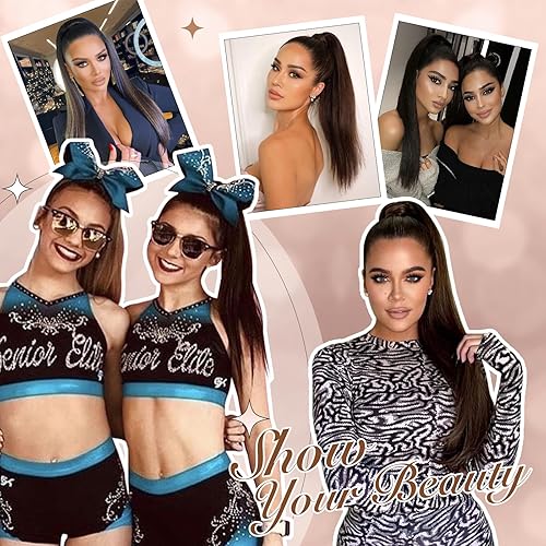 Miniatura 6 de FESHFEN Extensiones de Cola de Caballo Rectas con Cordón, Piezas de Cabello Sintético para Cola de Caballo, Postizos Capilares para Mujeres, Marrón