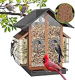 Bird Feeders for Outdoors, Metal Bird Feeder with Double Suet Cage Weatherproof Metal Roof, 2 in 1 Mixed Seeds Suet Feeder, 4Lbs Large Capacity, Great for Finch、Cardinal、Chickadee(Brown)