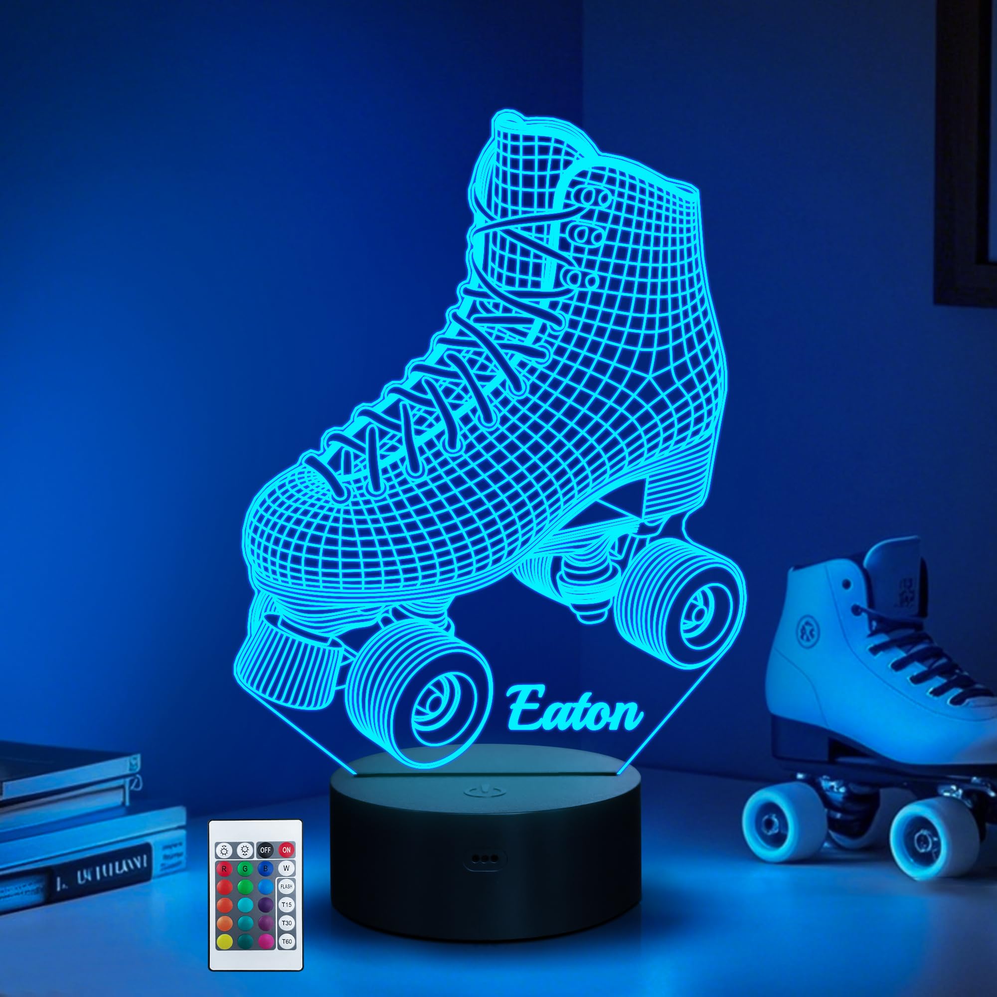 CoolGift Mart Roller Skate Night Light, 3D LED Optical Illusion Roller Skates Lamp with Remote Control and Timer, Christmas Birthday Gifts for Roller Skating Lovers (Customized)