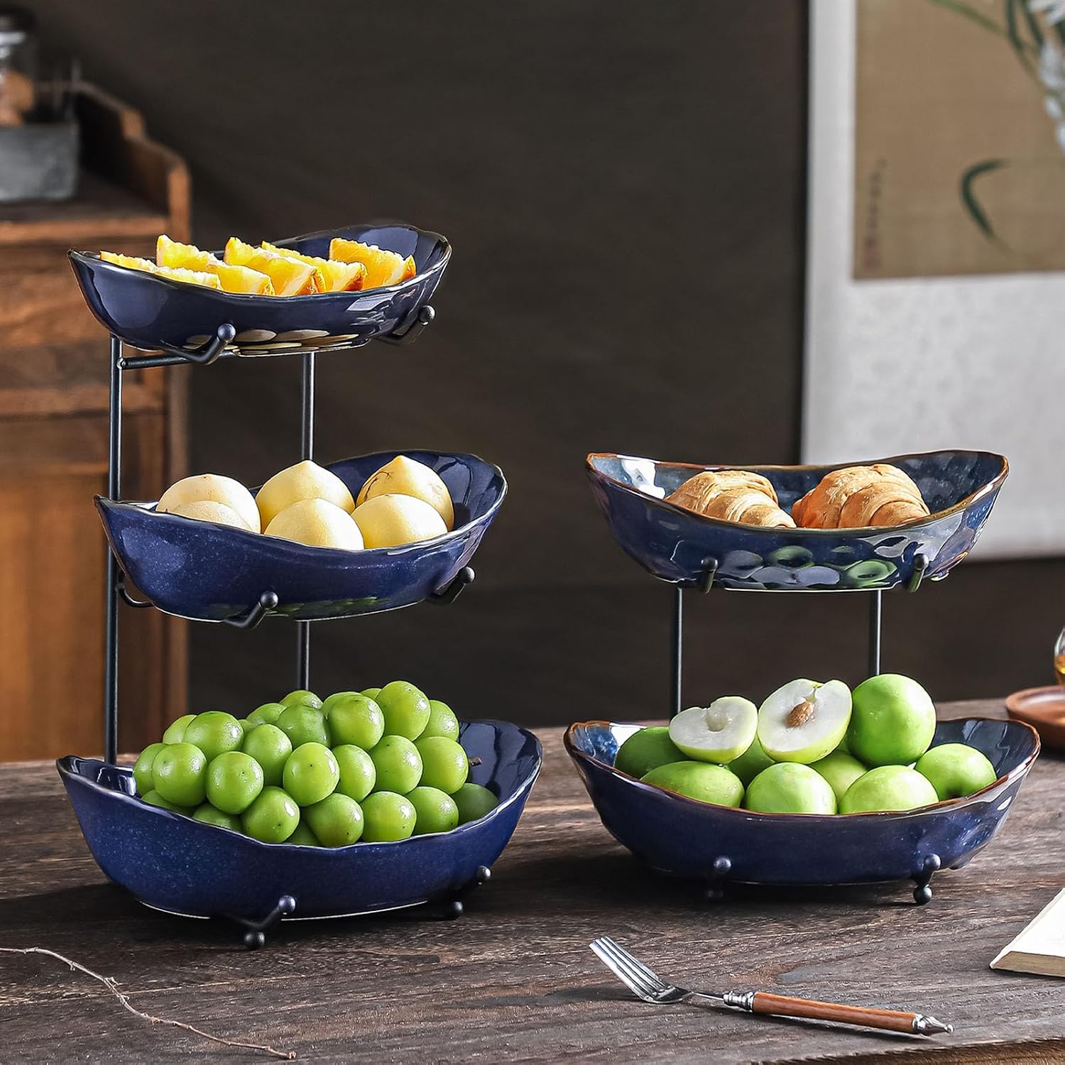 3-Tier Fruit Bowls for Kitchen Counter,Dark Blue Ceramic Bowl with Black Metal Stand,3 Tier Fruit Basket for Fruit,Snack,Cake,Nuts,Dessert Storage