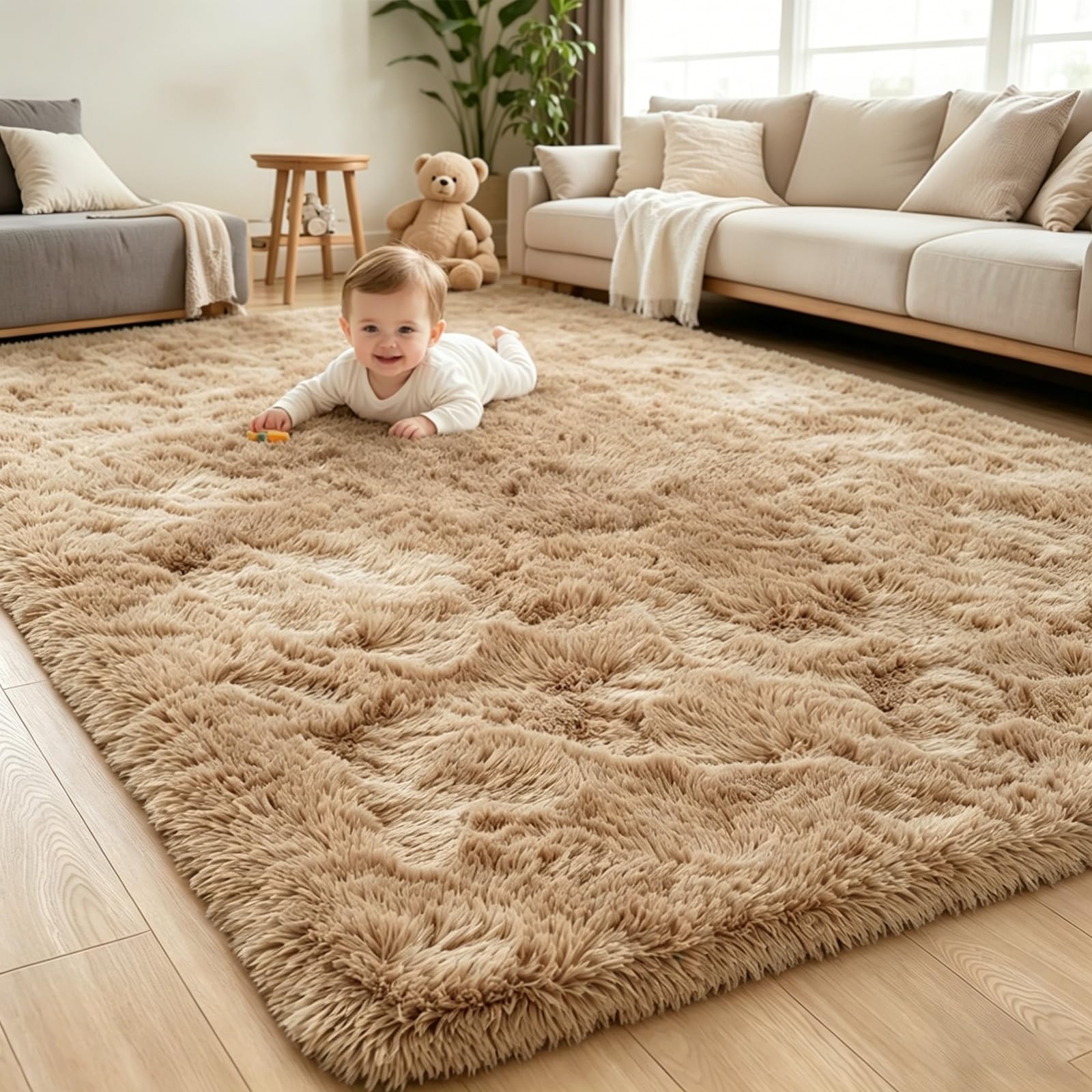 Luoven Ultra Fluffy Rugs Living Room, Large Non-Slip Carpet, Machine Washable Soft Shaggy Thick Pile Bedroom Rug for Bedside, Nursery - Beige, 120 x 160 cm