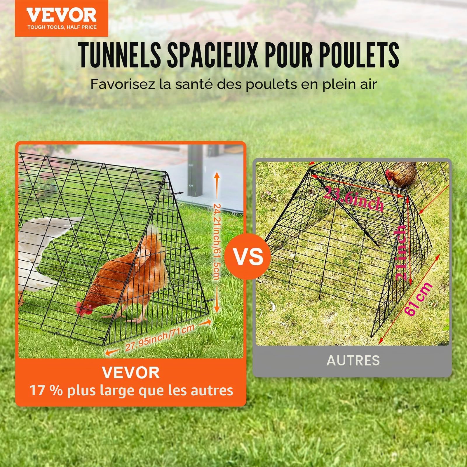 VEVOR Enclos du poulailler, 400 x 100 x 61,5 cm (LX LX H), Tunnels à Poules pour la Cour, poulailler Portable pour l’extérieur avec Cadres d’Angle, Cage à Poules adapté aux Poulets, Canards, Lapins