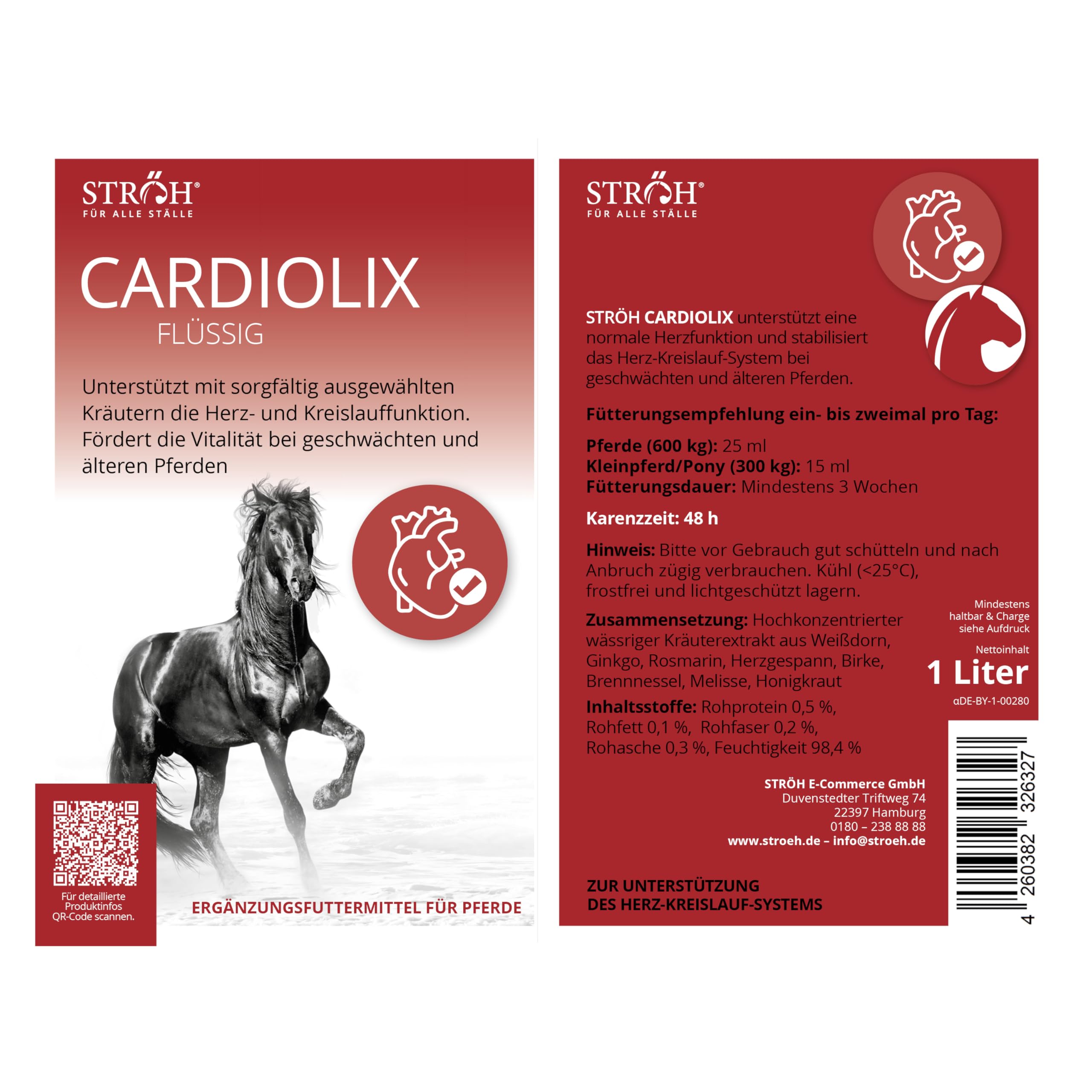STRÖH CARDIOLIX (1l) • Herz-Kreislauf-Unterstützung • Ergänzungsfuttermittel für Pferde • Kräuter Elixier mit Weißdorn & Rosmarin für Vitalität • Ideal für ältere Pferde