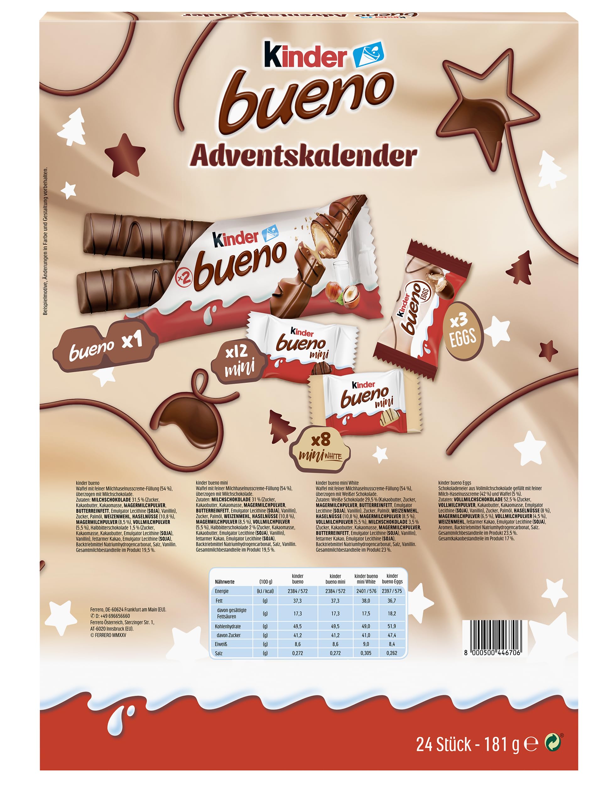 kinder bueno Adventskalender 2025 – Schokolade & Mini-Eier – Tag für Tag Süßigkeiten entdecken – Vollmilch-Schokolade mit feiner Haselnusscreme – Zu Weihnachten & Advent – Weihnachtskalender – 181g
