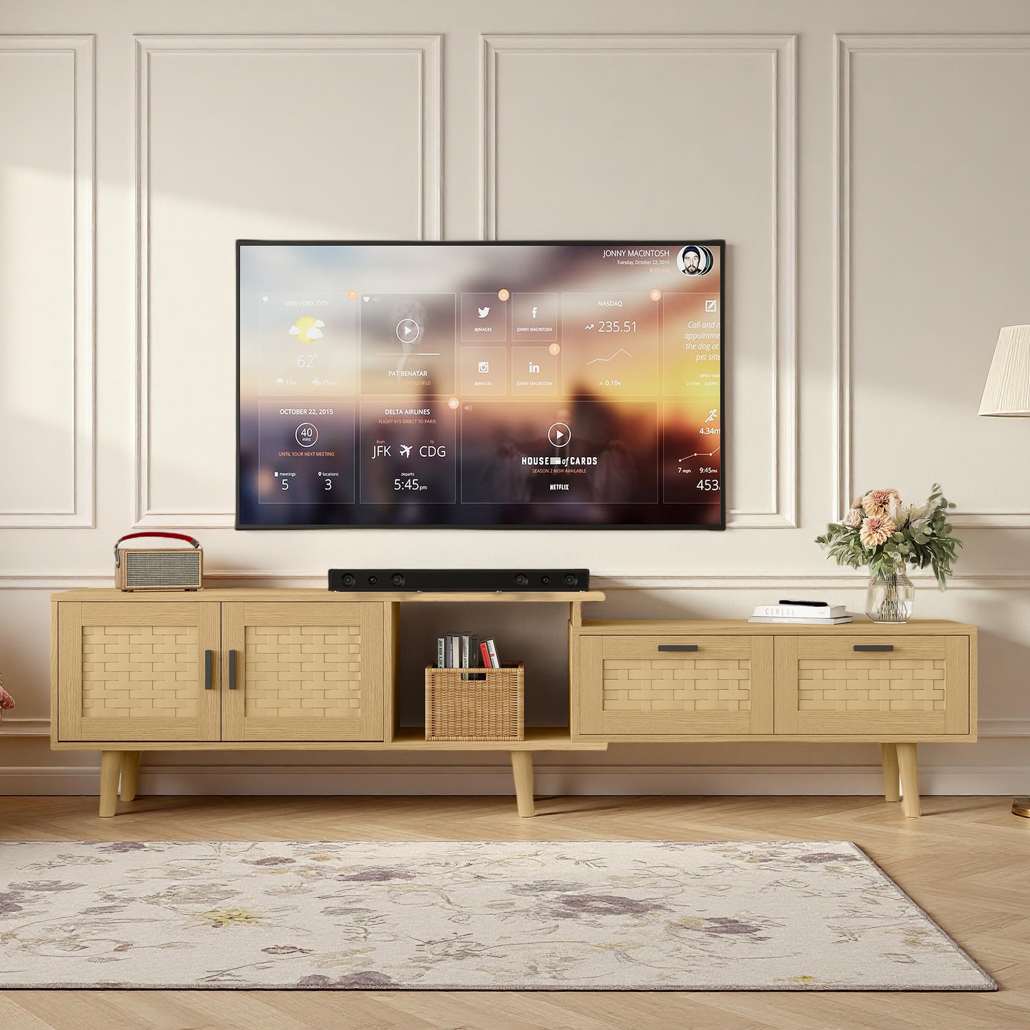 Mobile TV allungabile con 2 ante e 2 cassetti (146-180 cm), TV Lowboard, mobile TV, credenza TV, per soggiorno, camera da letto, TV fino a 75 pollici (rovere)