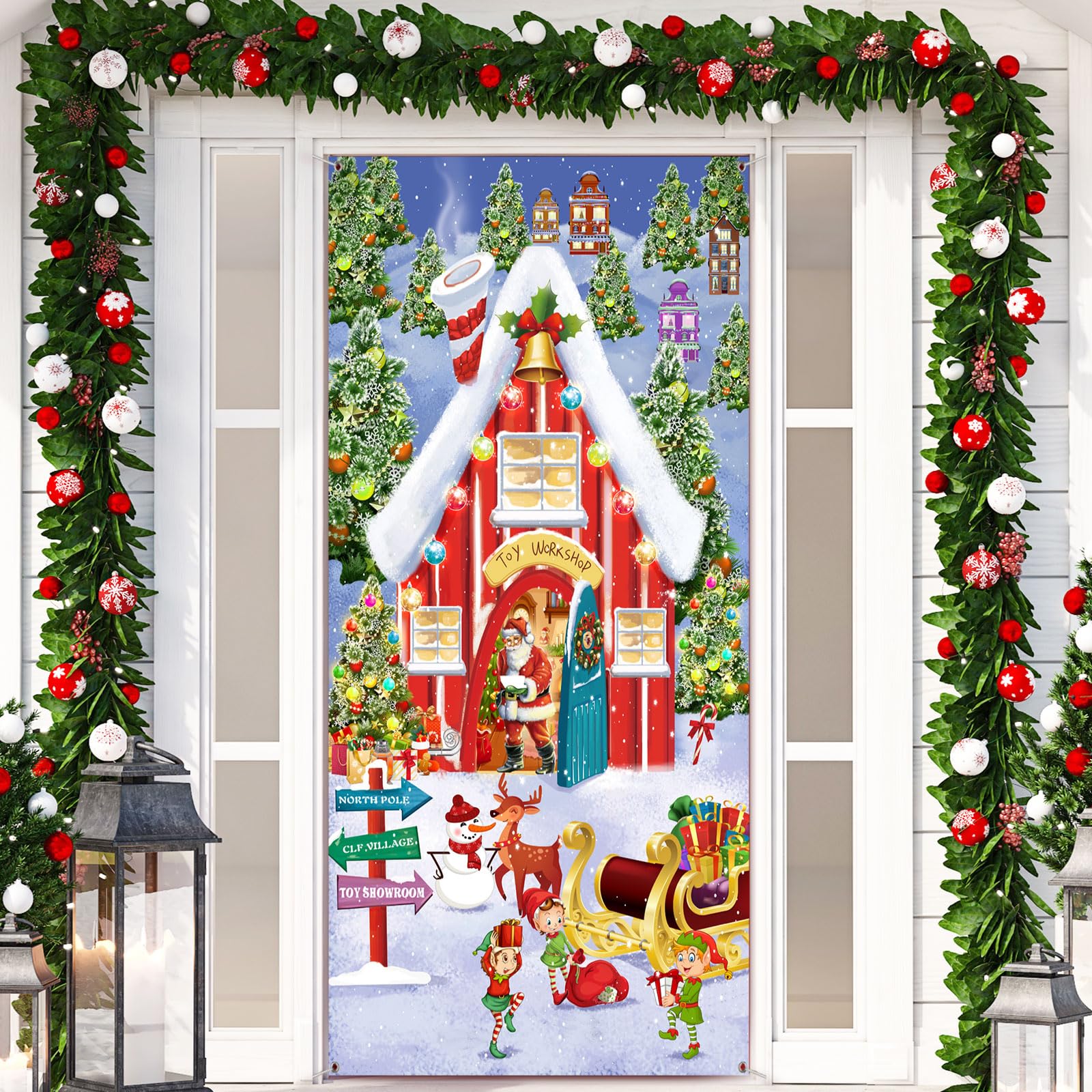 Christmas Door Decoration Fabric Santa Banner Snowy Winter House Backdrop North Pole Wall Scene Cover Christmas Photo Booth Wall Sign for Xmas Winter Holiday Wall Door Decoration (70.9 x 35.4 Inch)
