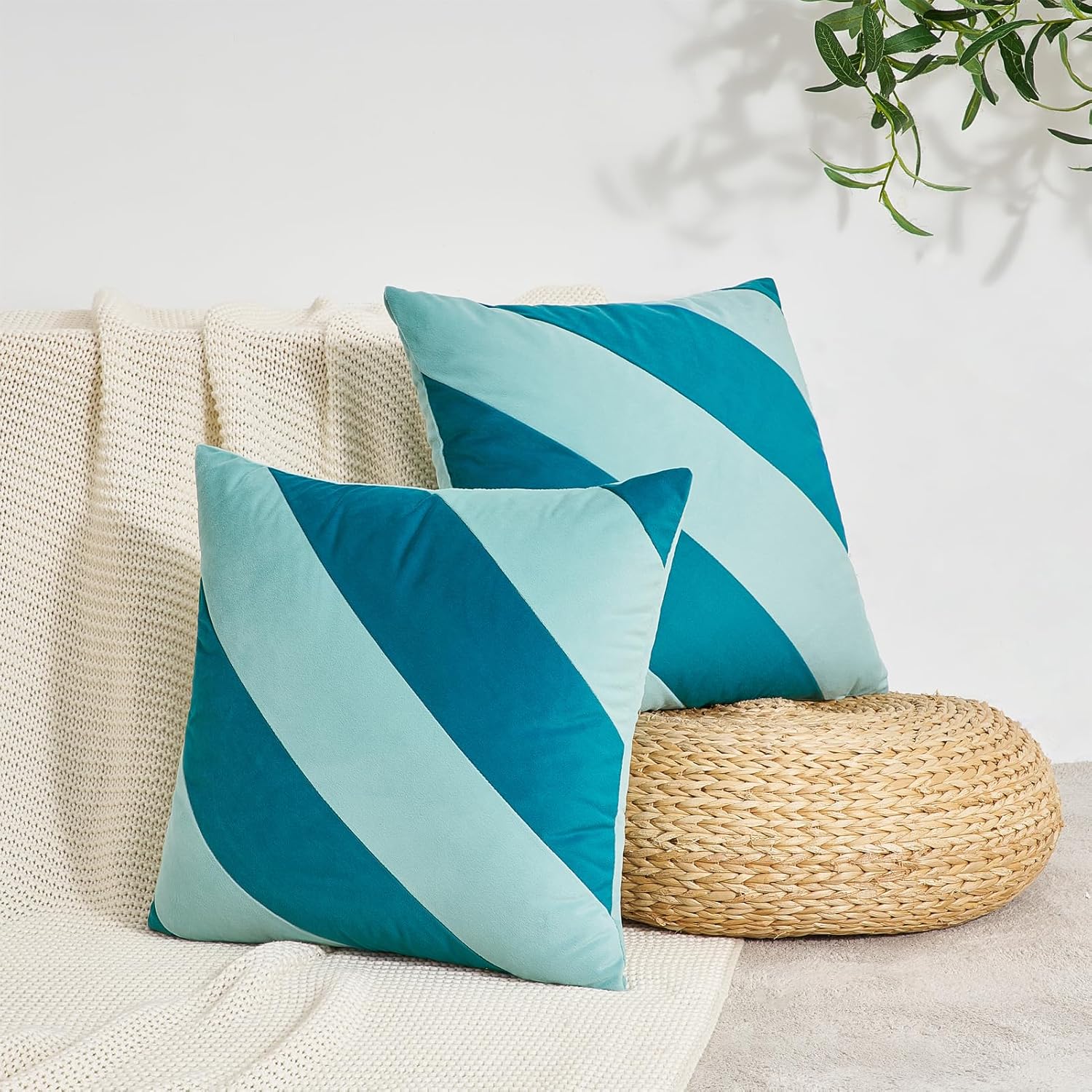 MONDAY MOOSE Decorative Throw Pillow Covers Cushion Cases, Set of 2 Soft Velvet Diagonal Striped Designs, Pillow Inserts Not Included (20x20 inch, Blue/Light Blue)
