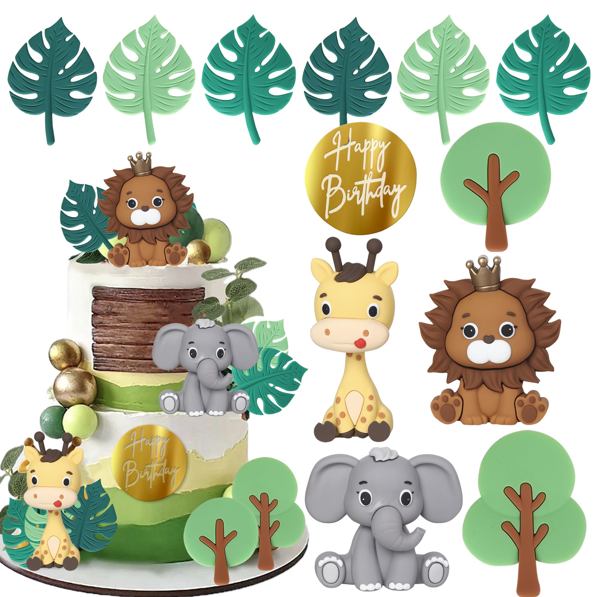 Xsstarmi 12 Pack Safari Animals Happy Birthday Cake Topper 3D Giraffe Lion Elephant Cake Pick Jungle Animals Cake Decorations for Baby Shower Kids Birthday Party Cake Decorations Supplies