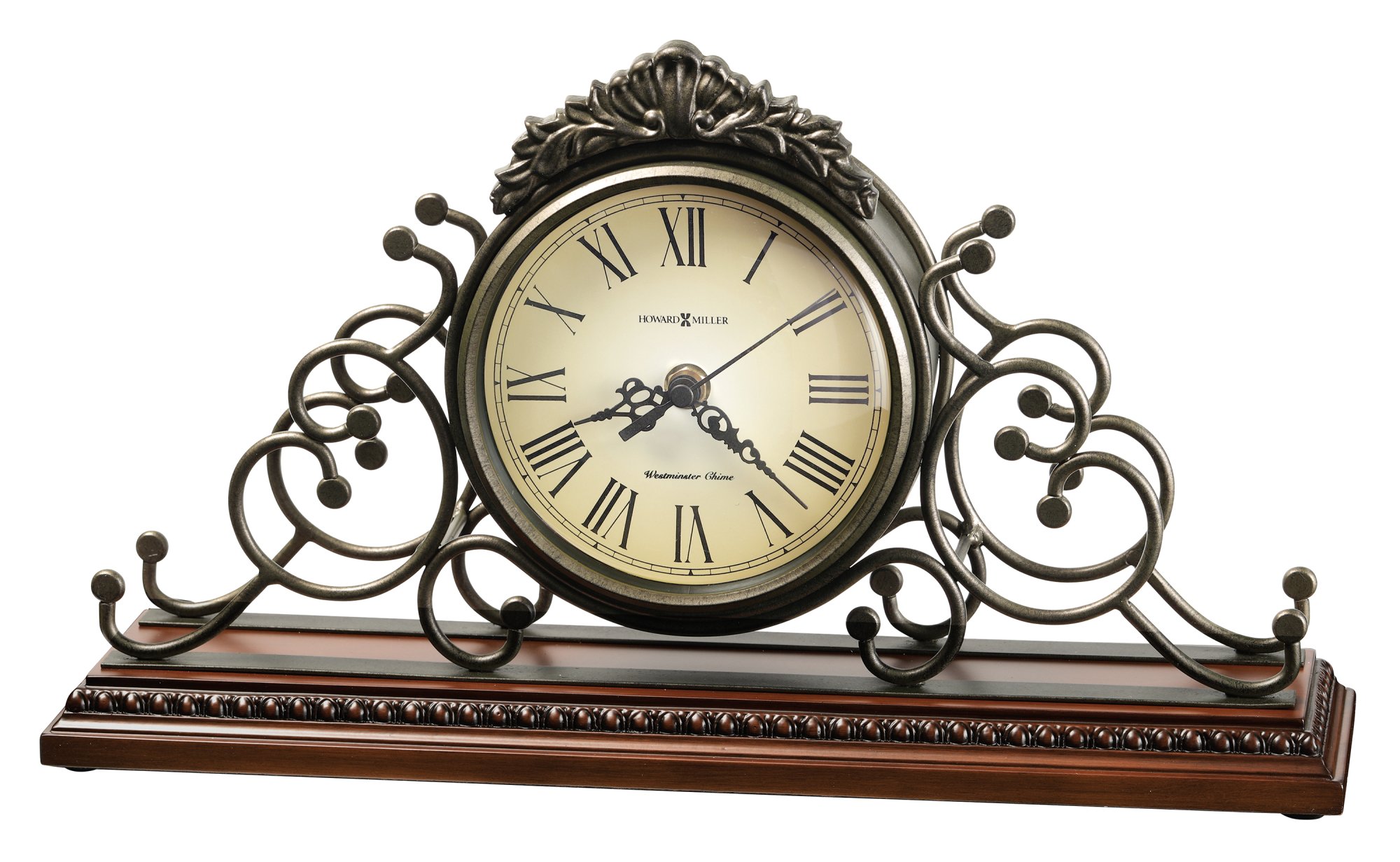 Howard MillerAdelaide Mantel Clock 635-130 – Wrought-Iron Frame, Antique Warm-Grey Finish, Windsor Cherry Finish, Decorative Molding, Quartz Movement