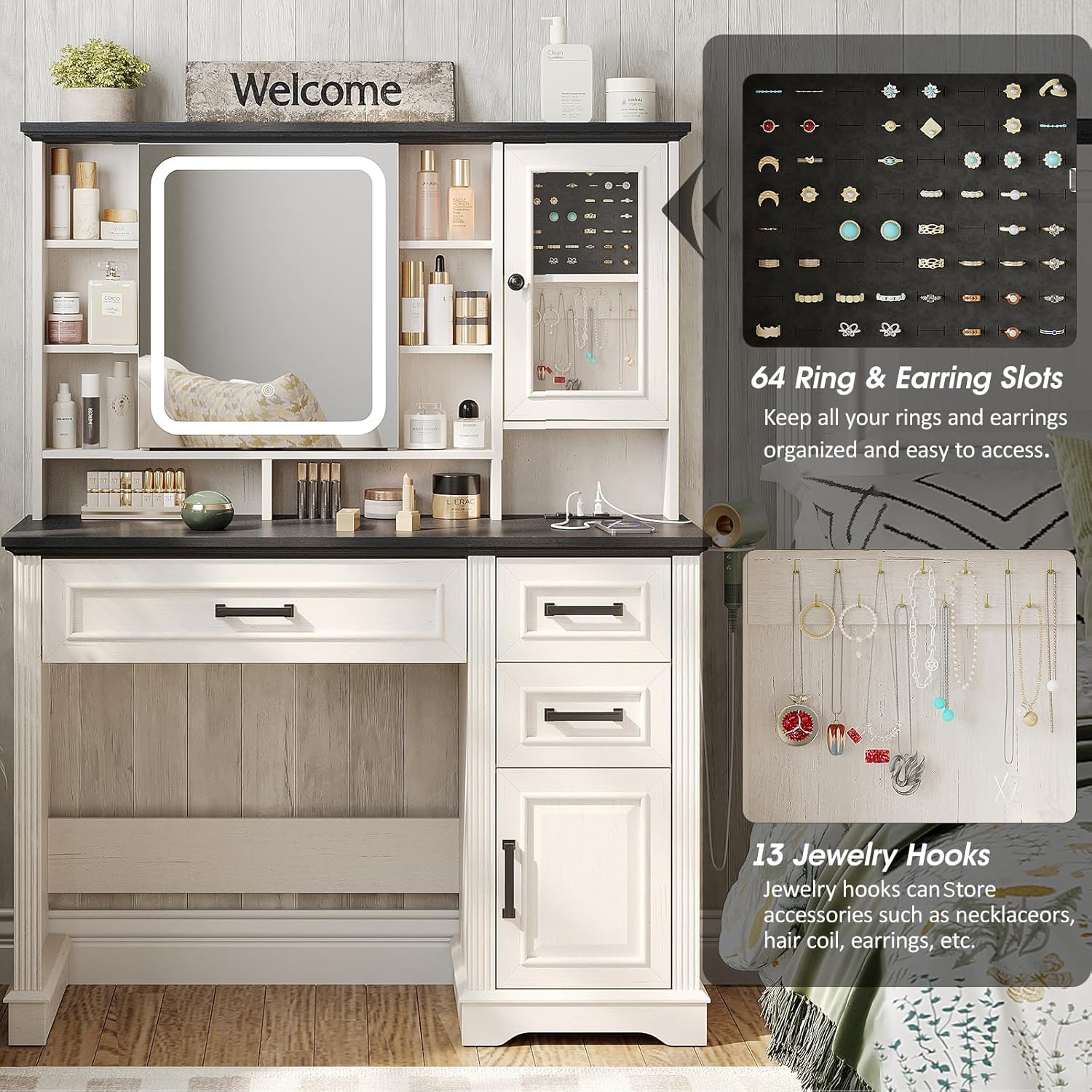 Vanity Desk with Mirror and Lights, 41.7'' W x 15.8" D x 54.8" H Large Makeup Vanity Table with 3 Drawers & Cabinets, Power Outlet, Jewelry Storage, Modern White Vanity for Girls Women Bedroom