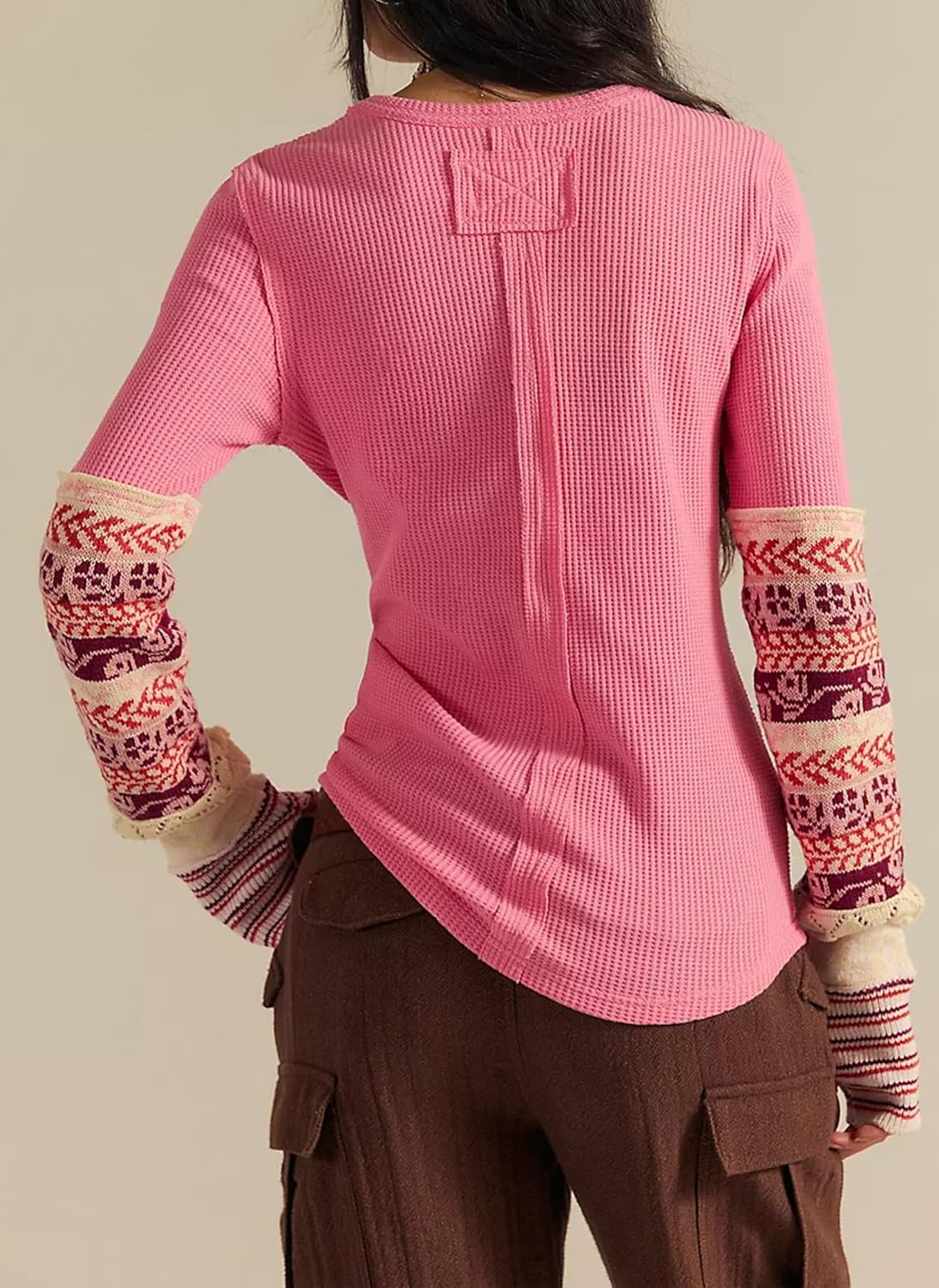 MISSACTIVER Waffle Knit Long Sleeve Shirts for Women Crew Neck Floral Patchwork Tshirt with Thumb Holes Slim Fit Boho Tops - Image 2