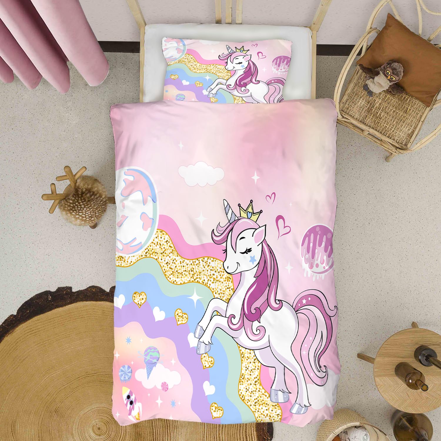 3D Gedruckt Einhorn Bettwäsche, Bunte Bettwäsche Set Geeignet für Kinder/Mädchen/Erwachsene bettwäsche 135 * 200cm,80 * 80cm*1 EDBTTAF021