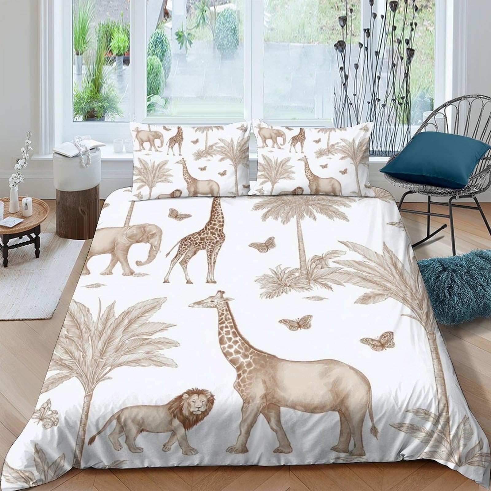 GPLZQXKJNH 3D Printed Safari Animal Duvet Cover Set Microfiber Soft Breathable Jungle Wildlife Bedding Set with 2 Pillowcases for Bedroom Decor, Single（135x200cm）