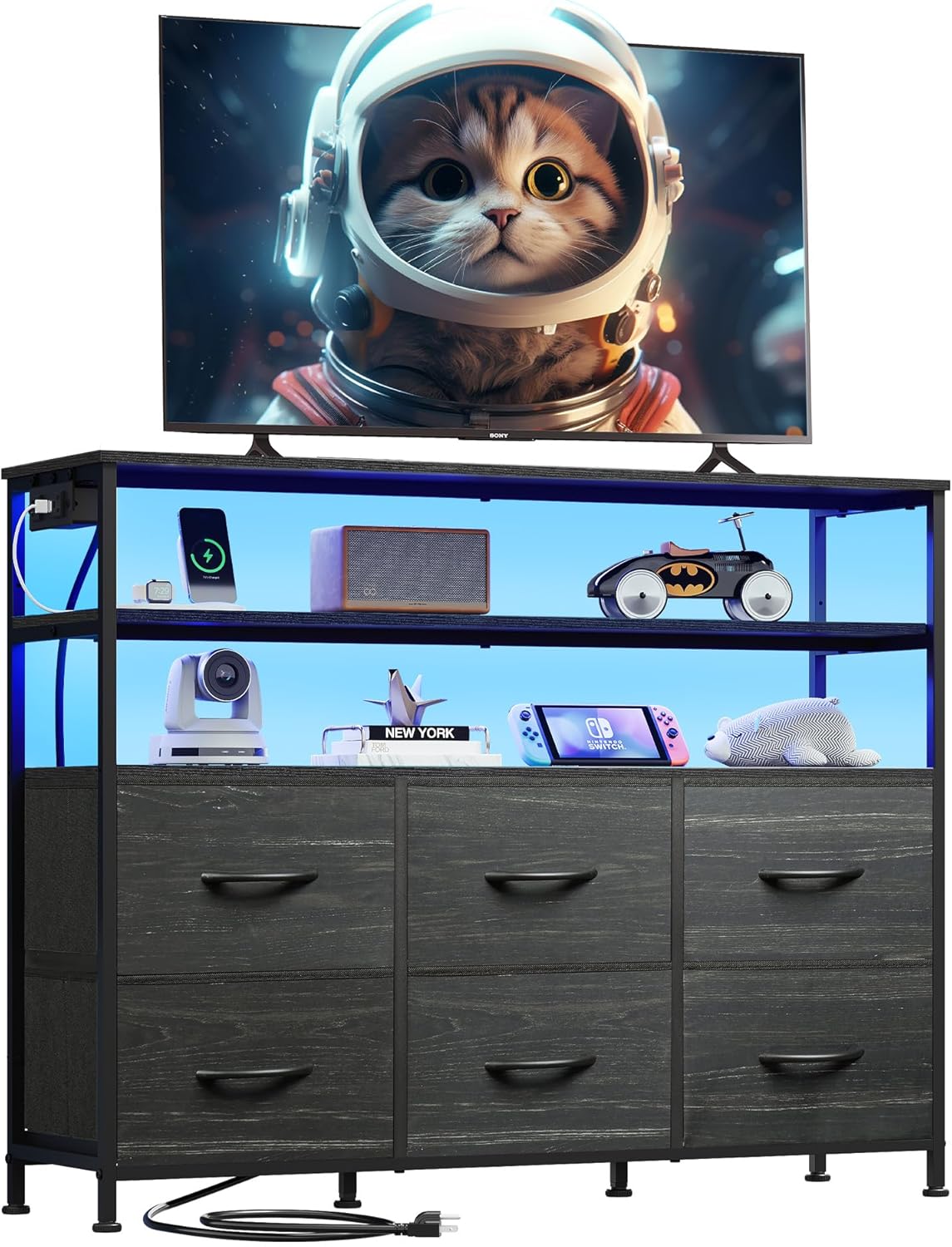 WLIVE Black TV Stand for 40, 45 inch TV, Entertainment Center with LED Lights & Charging Station, TV Media Console Table with 6 Fabric Drawers and Open Shelves for Living Room, Hallway, Wood Top Charcoal Black Wood Grain Print