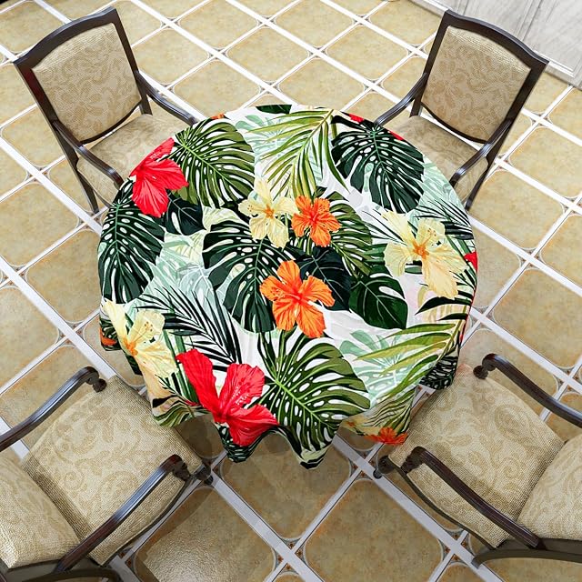VVA Round Tablecloth Hawaiian Summer with Tropical Plants Hibiscus Flowers Green Waterproof Table Cloth for Holiday Party Family Dinners Patio Indoor Outdoor Events 50 Inch
