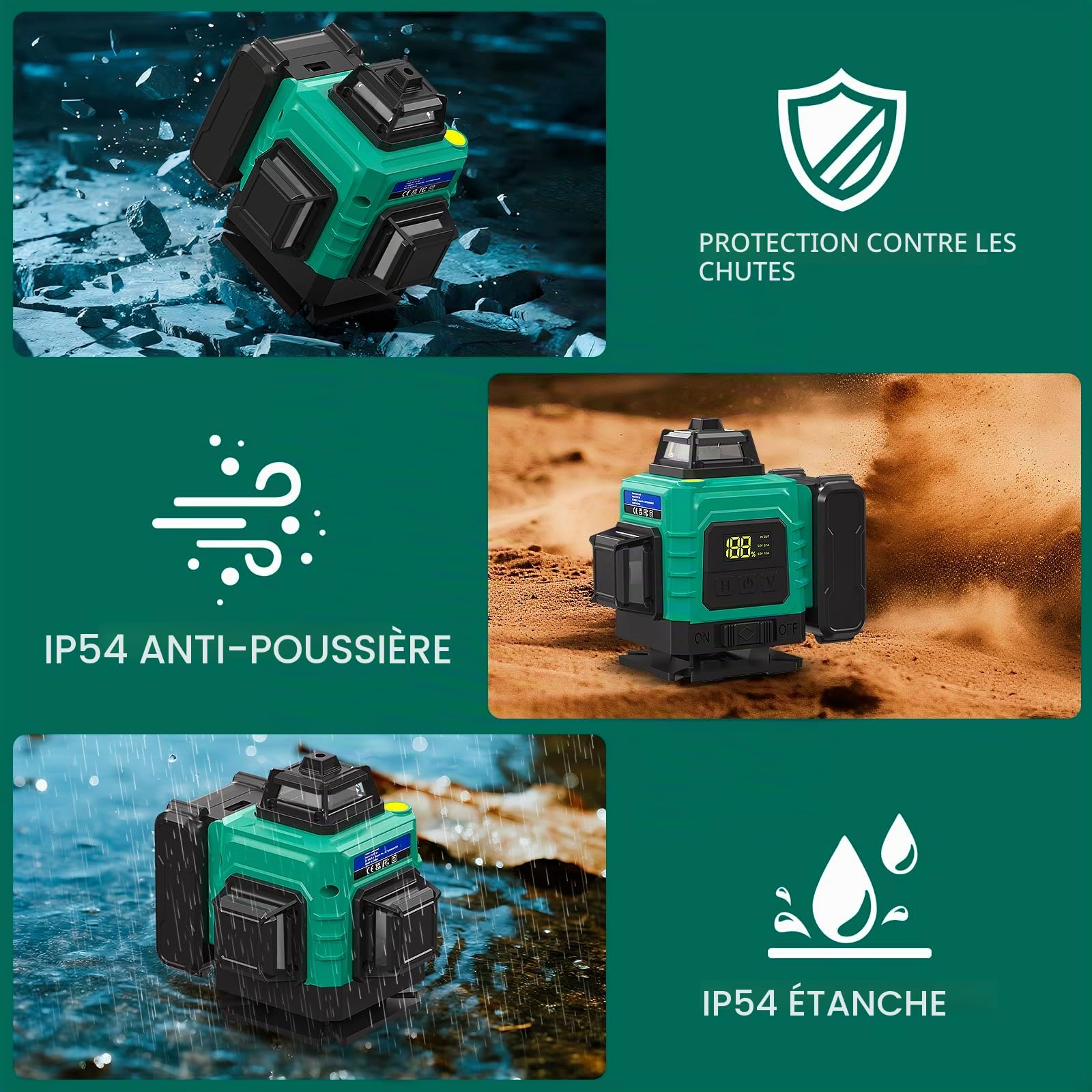 4 x 360° Niveau laser avec Trépied - Niveau Laser 4D 16 Lignes Auto-nivelant,3600mAh Piles,Laser Chantier Vert Étanche et Anti-poussière,avec Télécommande,pour Chantier de Construction,Intérieur