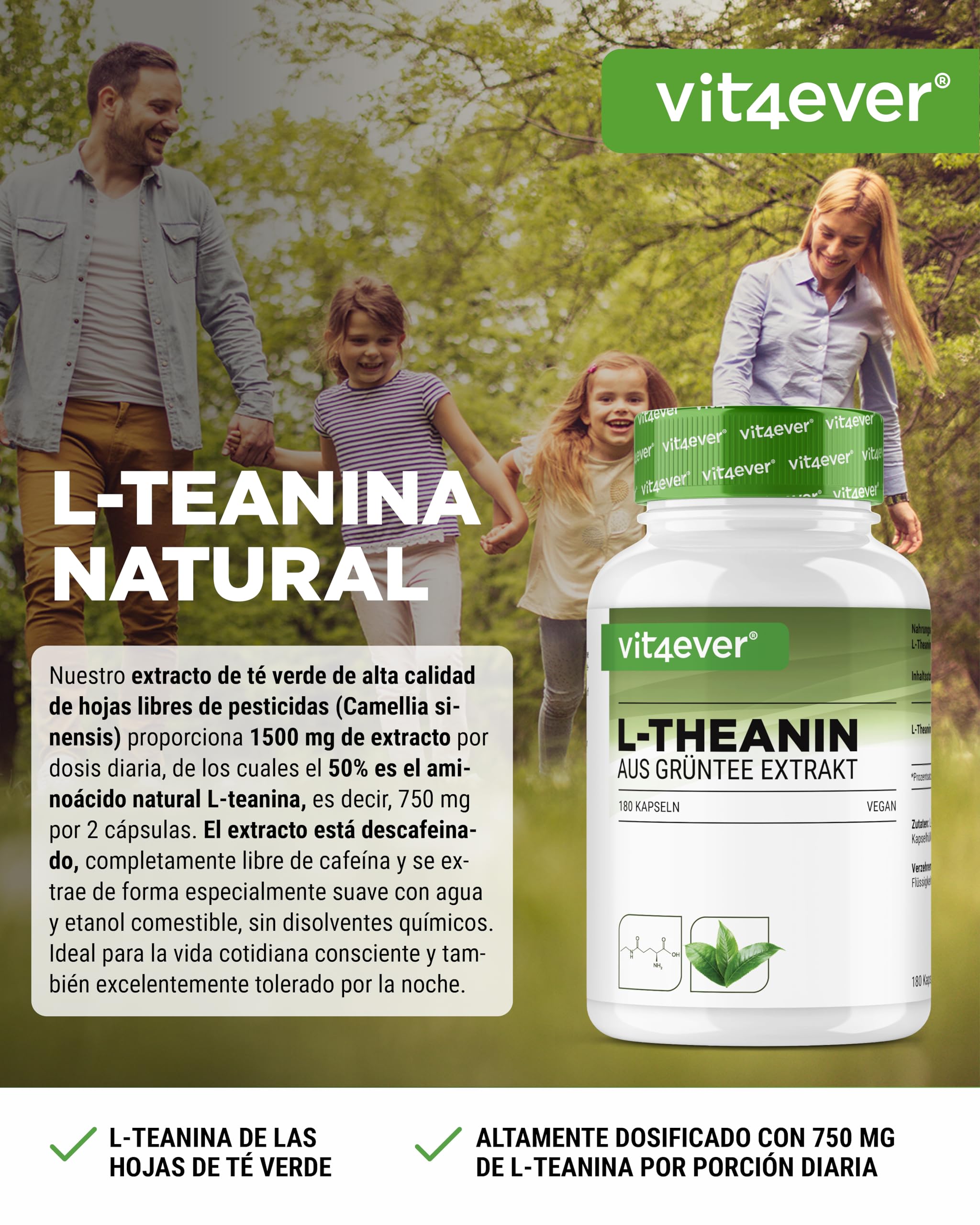 L-Teanina - 180 cápsulas - 750 mg por dosis diaria - De extracto natural de té verde - Alta dosis - Vegano