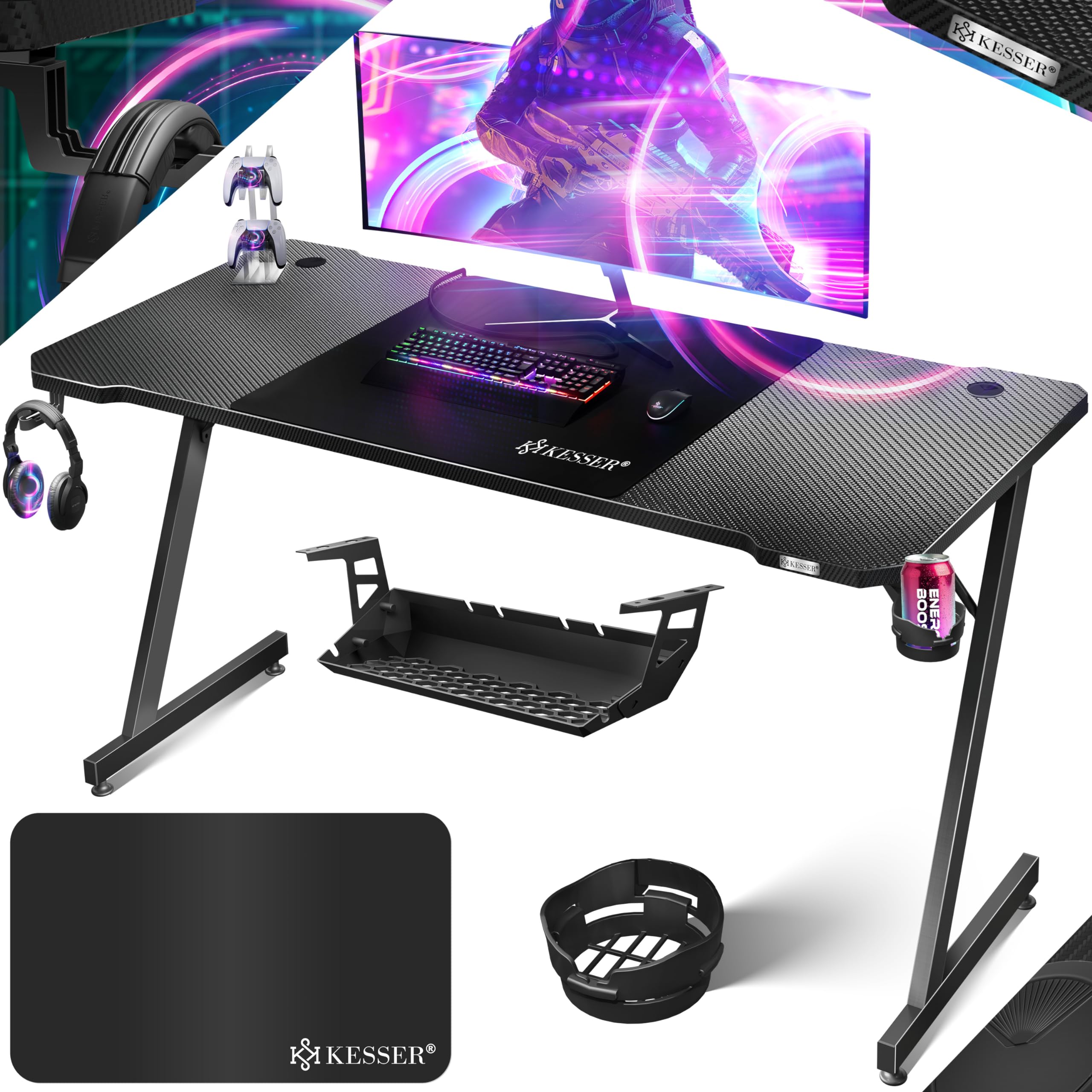 KESSER® Table de Jeu - 180 cm x 80 cm - Bureau Gamer en Forme de Z - Crochet pour Casque et revêtement en Carbone - Bureau d'ordinateur Ergonomique - Table Stable avec Porte-gobelet - Noir