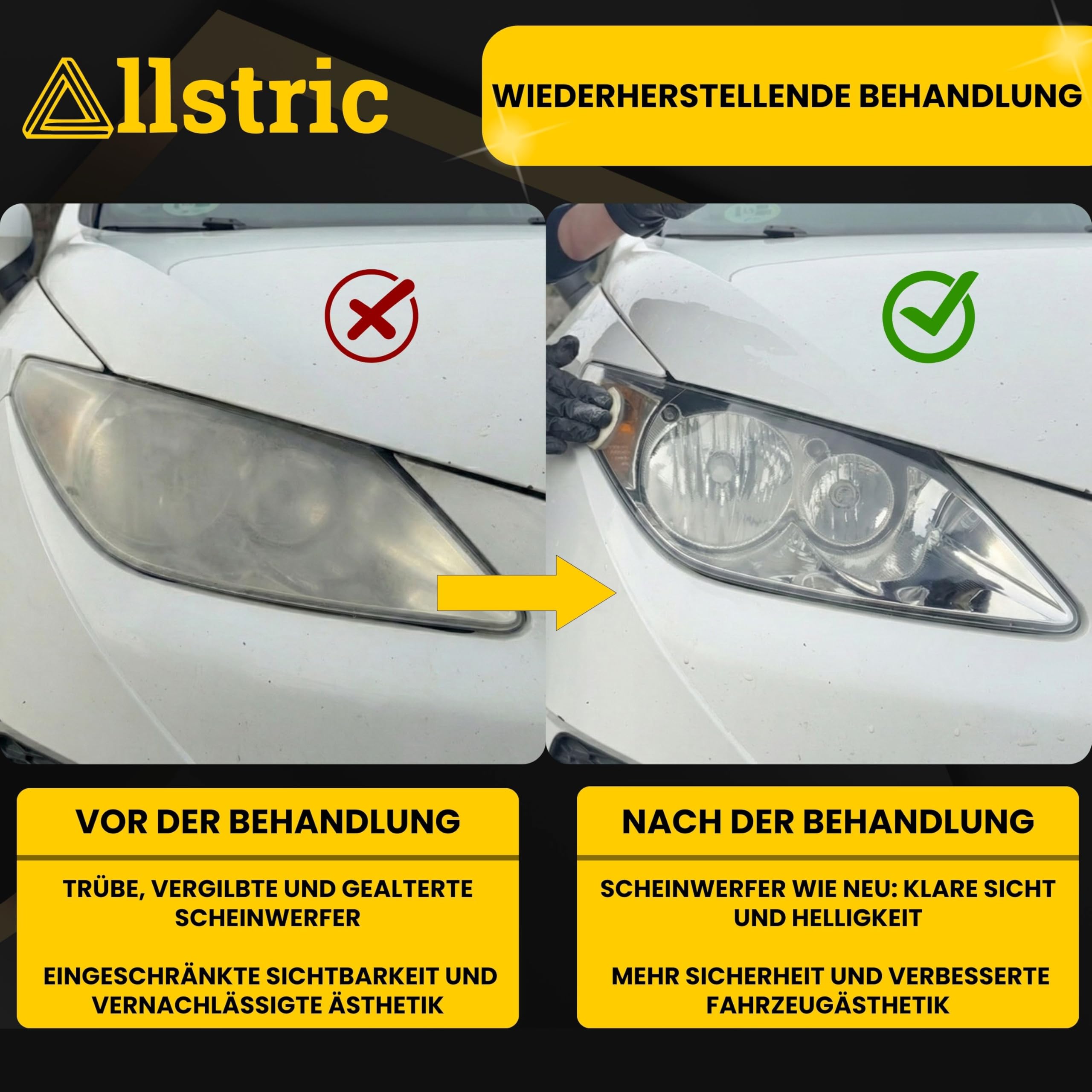 Scheinwerfer Aufbereitung Set Profi mit Polierpaste & UV-Versiegelung | Scheinwerfer Politur für klare Sicht – Geeignet für Poliermaschine & Handanwendung – Komplettes Autopolitur Set
