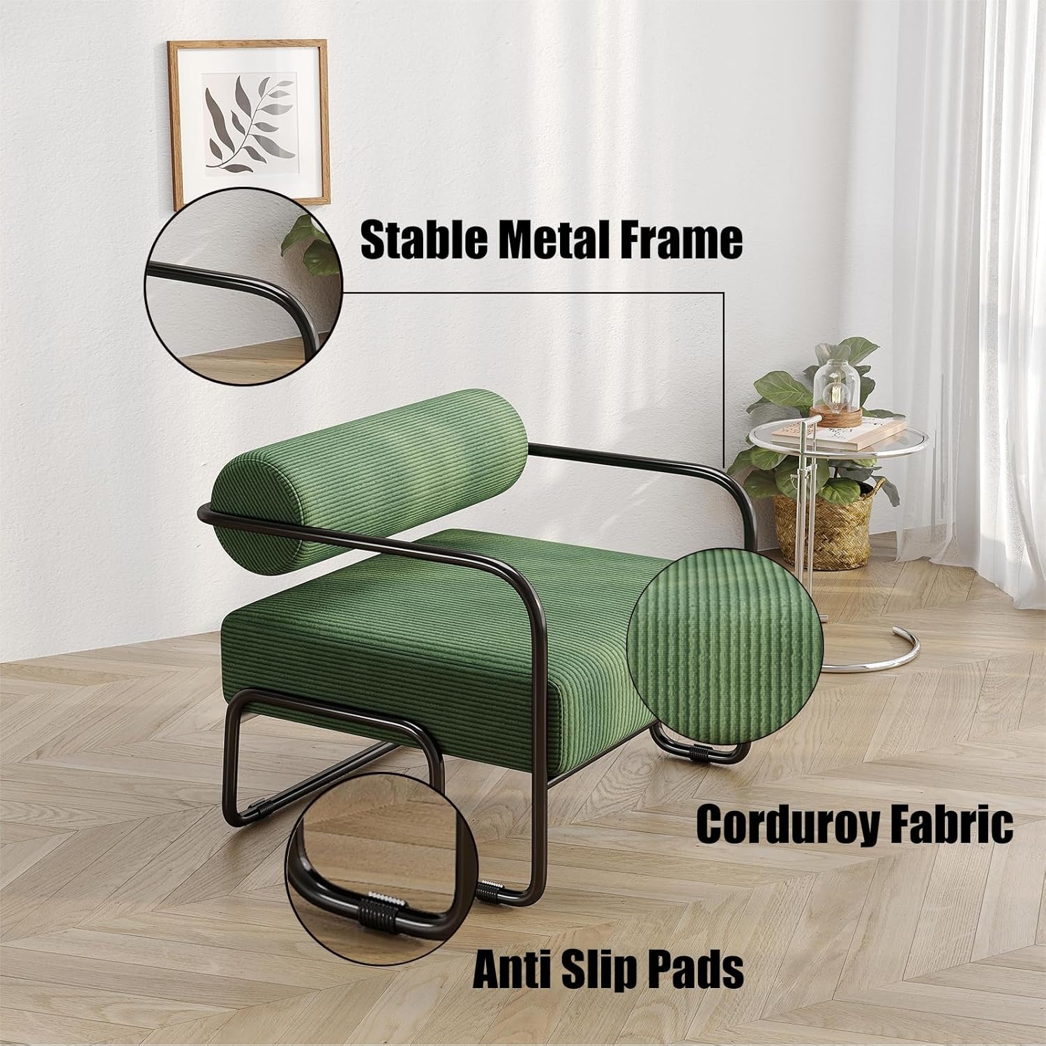 MIRASON Modern Accent Chair Metal Frame Chair Unique Upholstered Armchair with Cylindrical Backrest and Corduroy Fabric for Living Room,Bedroom,Office and Balcony, Green