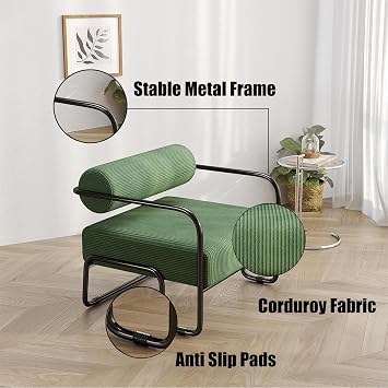 MIRASON Modern Accent Chair Metal Frame Chair Unique Upholstered Armchair with Cylindrical Backrest and Corduroy Fabric for Living Room,Bedroom,Office and Balcony, Green