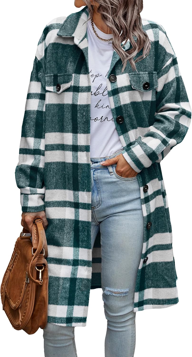 PRETTYGARDEN Womens Plaid Shacket Jacket Fall Fashion 2026 Long Sleeve Button Up Flannel Shirt Winter Clothing Woolen Coats