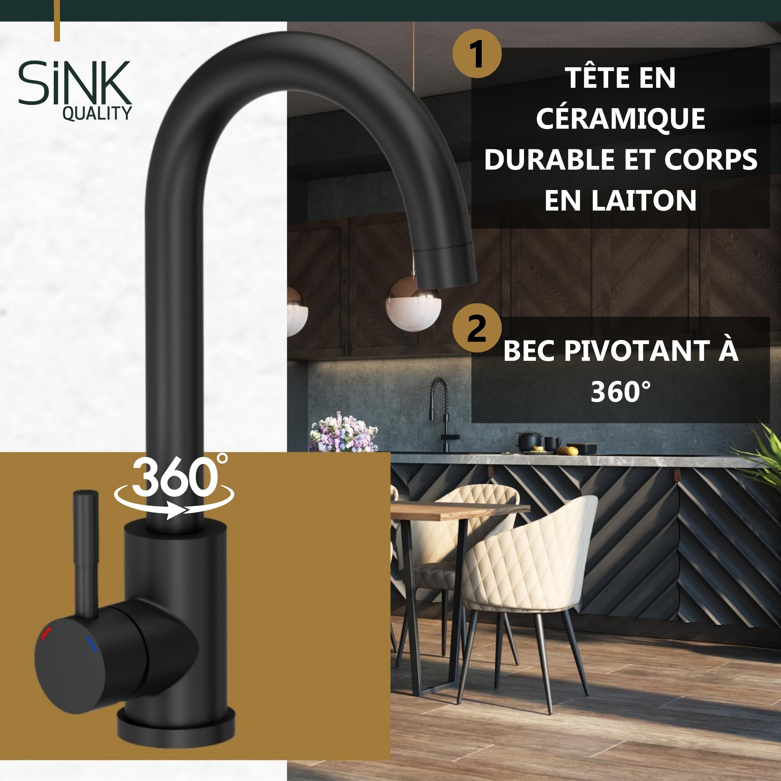 SINK Quality Évier noir avec robinetterie 45 × 42 cm – Evier avec robinet, siphon et imprégnation – Kit complet encastrable en granit – lavabo de cuisine pour meuble bas à partir de 45 cm