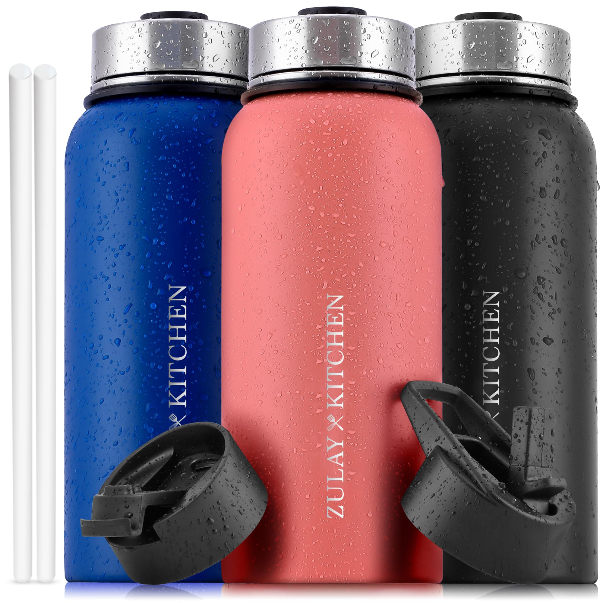 Hydration Nation 3 Lid Multi-Size Vacuum Insulated Water Bottles with Straw - Metal Water Bottle For Sports & Outdoor - Thermo Stainless Steel Water Bottle - Perfect for Hot & Cold Drinks (Peach)
