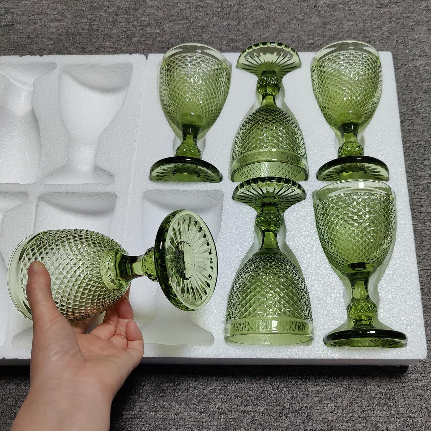 Taganov Green Drinking Glasses set of 6 Vintage Glassware Colored Wine Glasses Water Goblets 10 OZ for Wedding Party Bar Christmas Pretty Stemmed Cup Textured Stemware