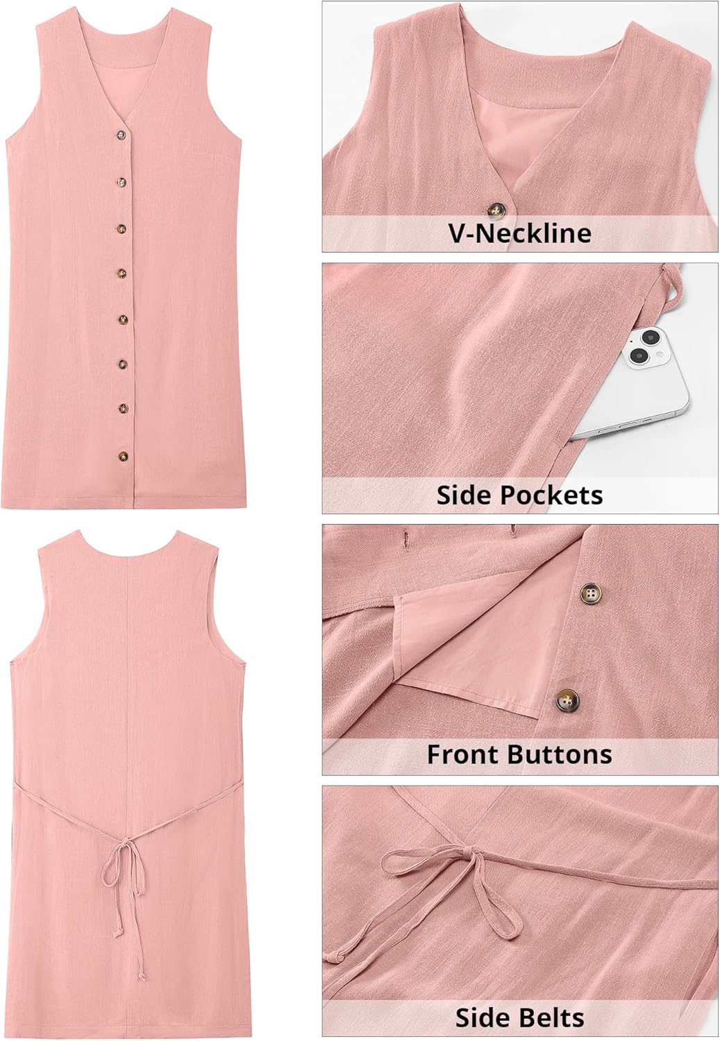 GPAPENT Linen Dresses for Women Summer Casual Sleeveless Button Down V Neck Pocket Self Tie Knee Length Loose Sun Dress - Image 9