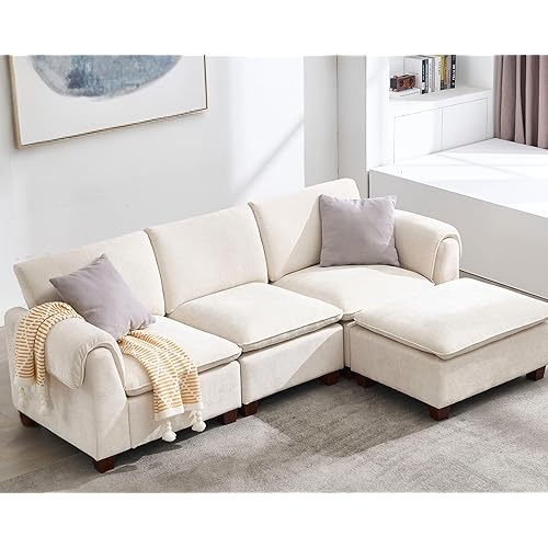 97 Inches Cloud Modular Sectional Sofa, L Shaped Chenille Fabric Couch with Reversible Chaise, 3 Seater Convertible Comfortable Sofa Couch for Living Room/Apartment, White