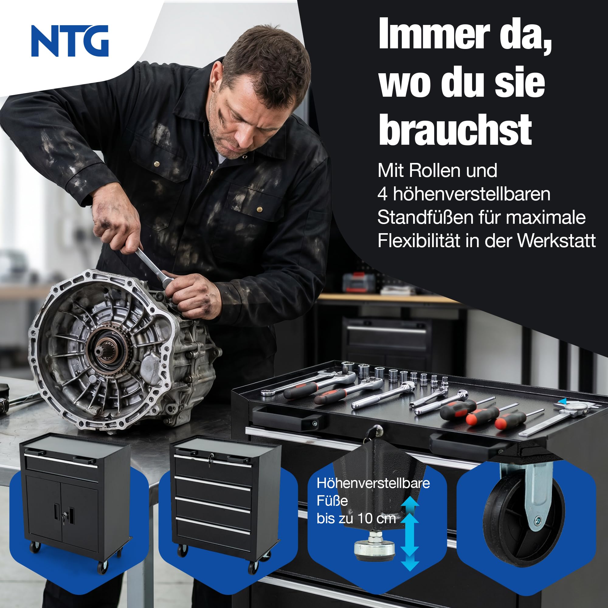 NTG Juego completo de pared de taller XL, 210 cm, banco de trabajo con elementos de carro de taller y pared perforada, instalación modular para taller con armarios de herramientas, placa de trabajo de