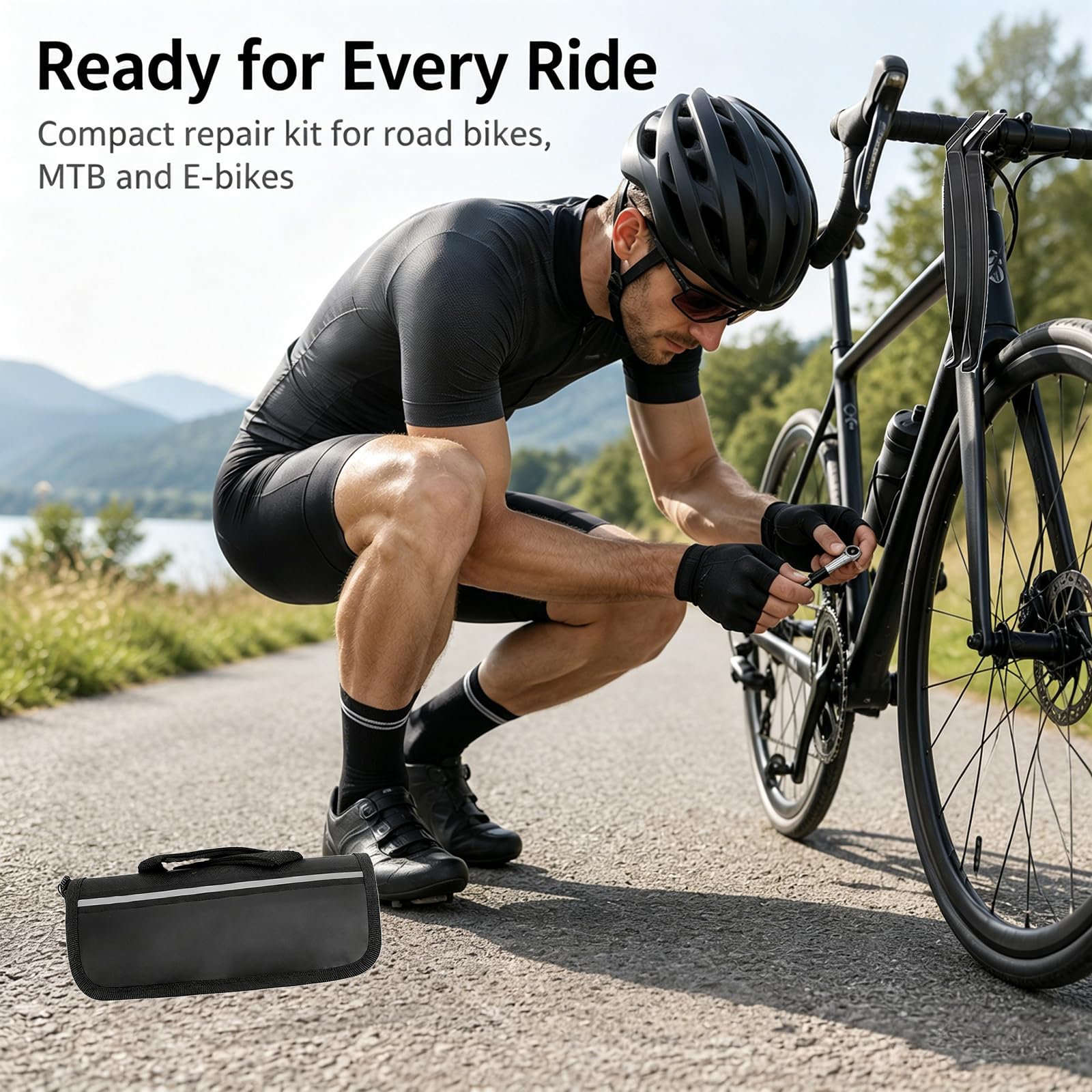 Flickzeug Fahrrad & Reparaturset, mit Mini Ratsche, Luftpumpe mit Adapter, 2 Reifenheber, selbstklebende Flicken, tragbar für Rennrad, MTB, E-Bike