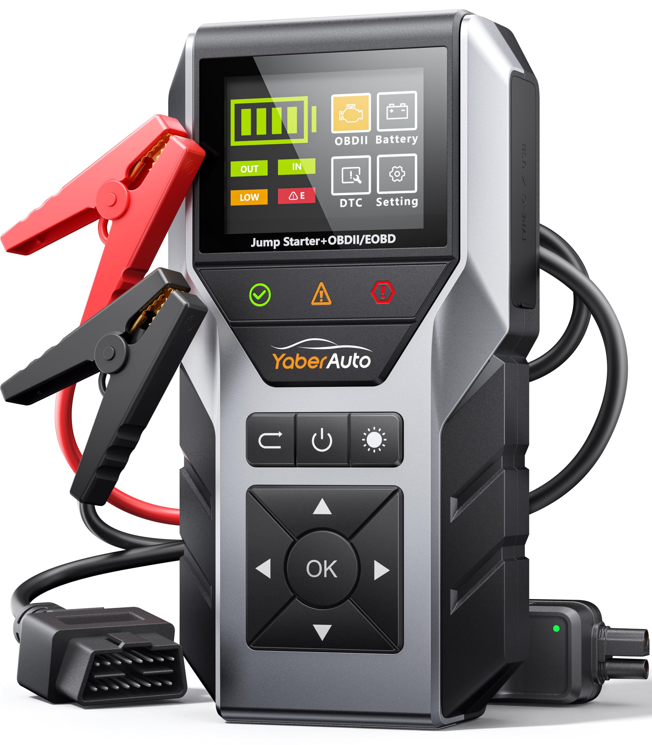 YaberAuto Starthilfe Powerbank für Pkw mit OBD2 Diagnosegerät ＆ Autobatterie Tester, 7000A Starthilfe Powerbank für All Benzin/10,0L Diesel, 16800mAh Starter Powerbank mit Starthilfekabel, LED-Licht