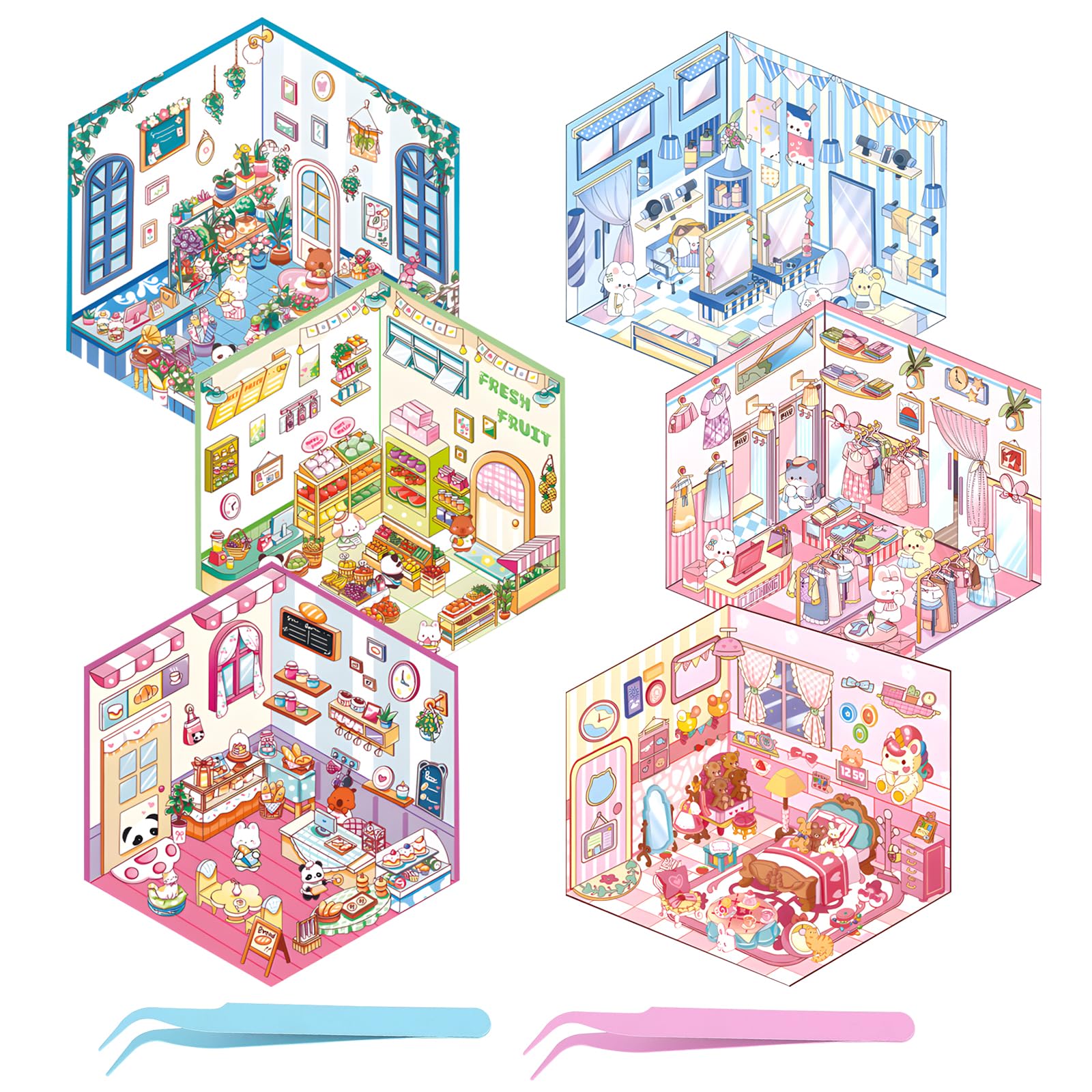 UBERMing 6 Sets DIY 3D House Scene Stickers with 2 Tweezers, Miniature Scenes Therapy Stress Relief Stickers for Adults Kids, Miniature Room Sticker Fun Scene Make Your Own Clothing Store Flower Shop