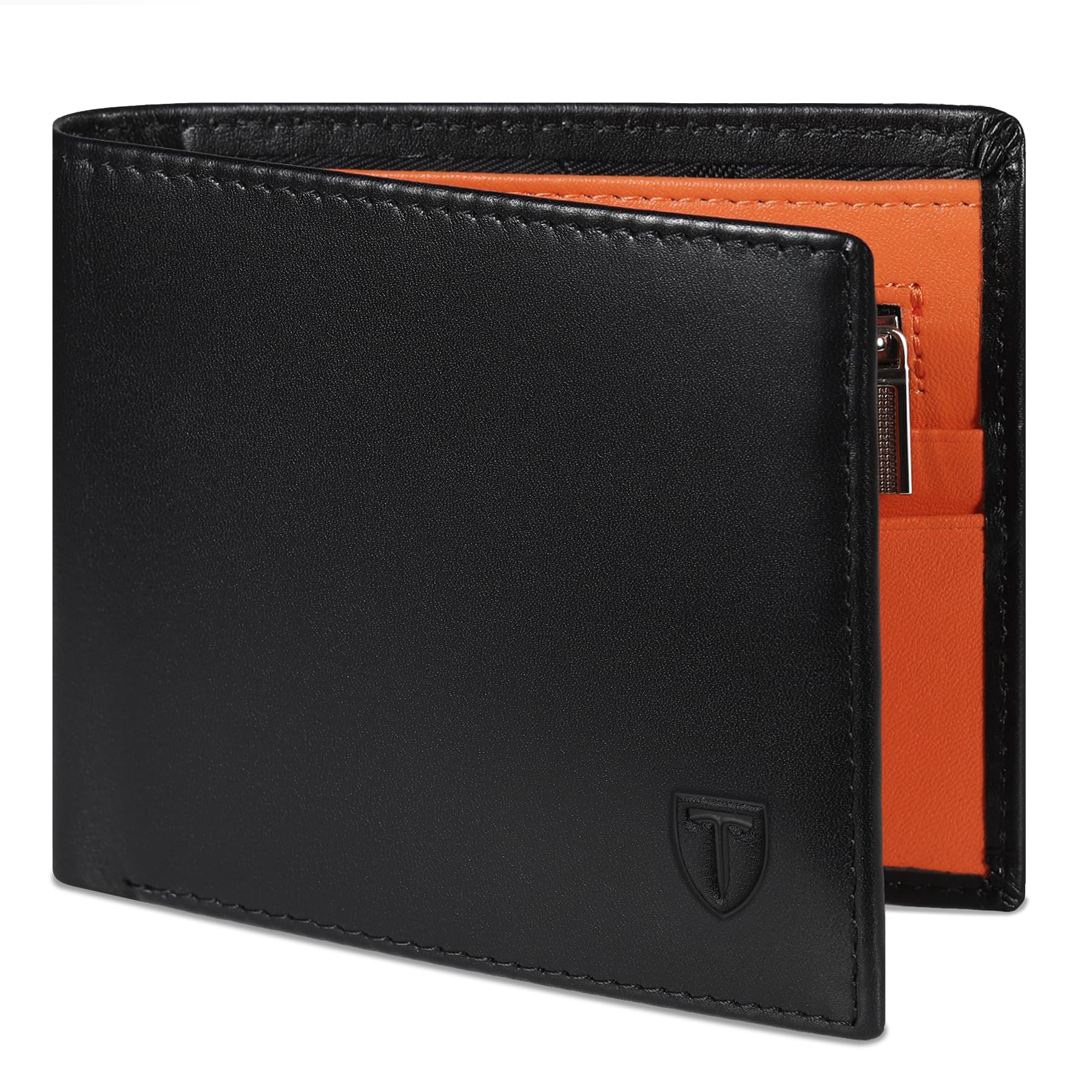 TEEHONWallets for Men UK with RFID Blocking Slim Wallet with Coin Pocke, 11 Card Slots, 2 Note Pockets, ID Window & Gift Box - Black & Orange