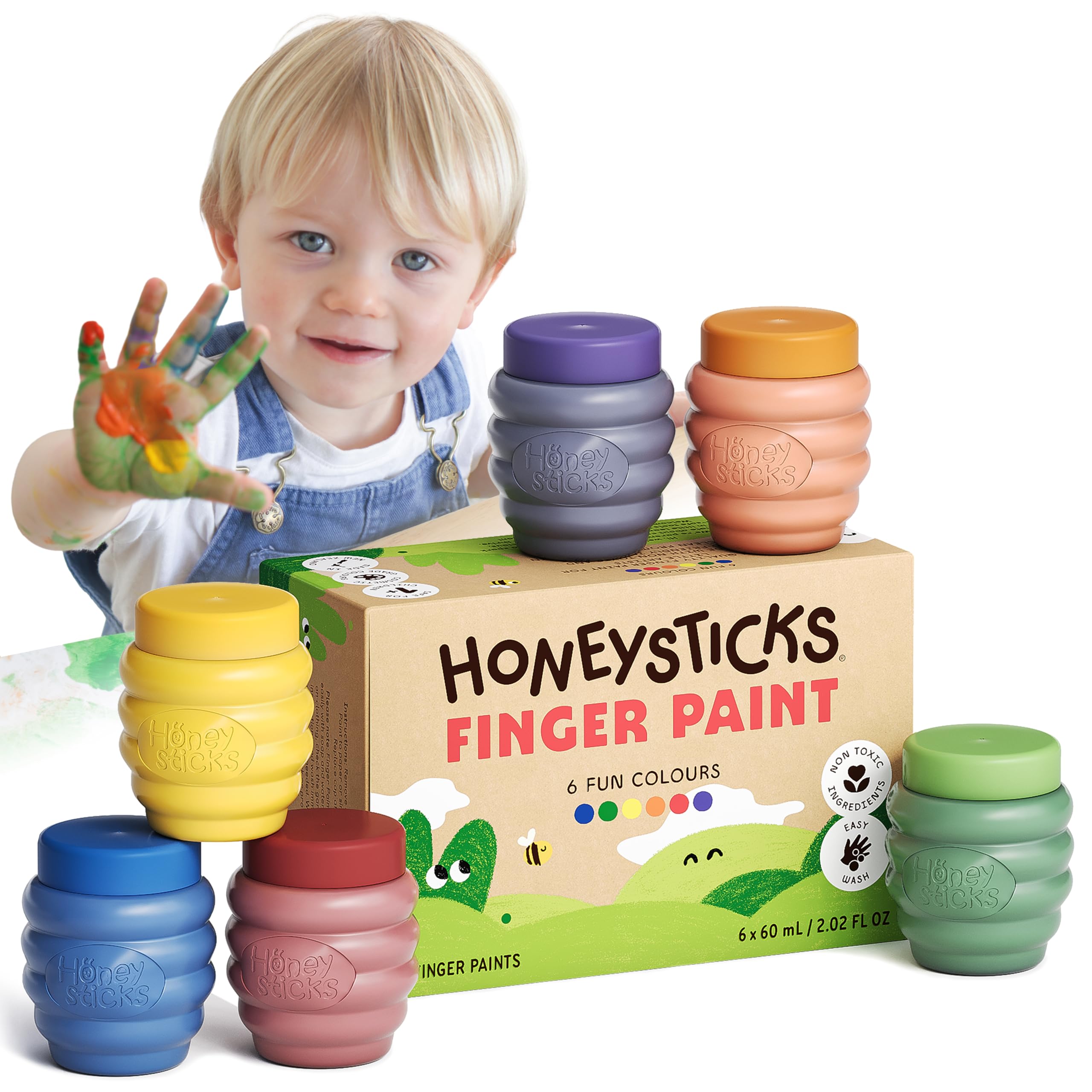 Honeysticks Non Toxic Finger Paint (6 Bright Colours), Washable from Skin, Safe Finger Painting for Toddlers, Kids Ages 1-3, 2-4, 3-5, Perfect First Paint for Little Artists Age 1+, Water Based, Eco