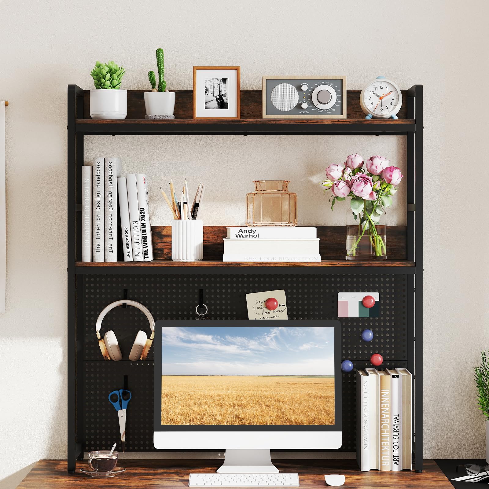 COSTWAY Libreria da Scrivania a 2 Livelli, Scaffale da Tavolo Industriale per Monitor di Computer Fino a 32", Organizzatore di Stoccaggio con Pegboard, per Dormitorio Ufficio e Casa, 94x27x103 cm