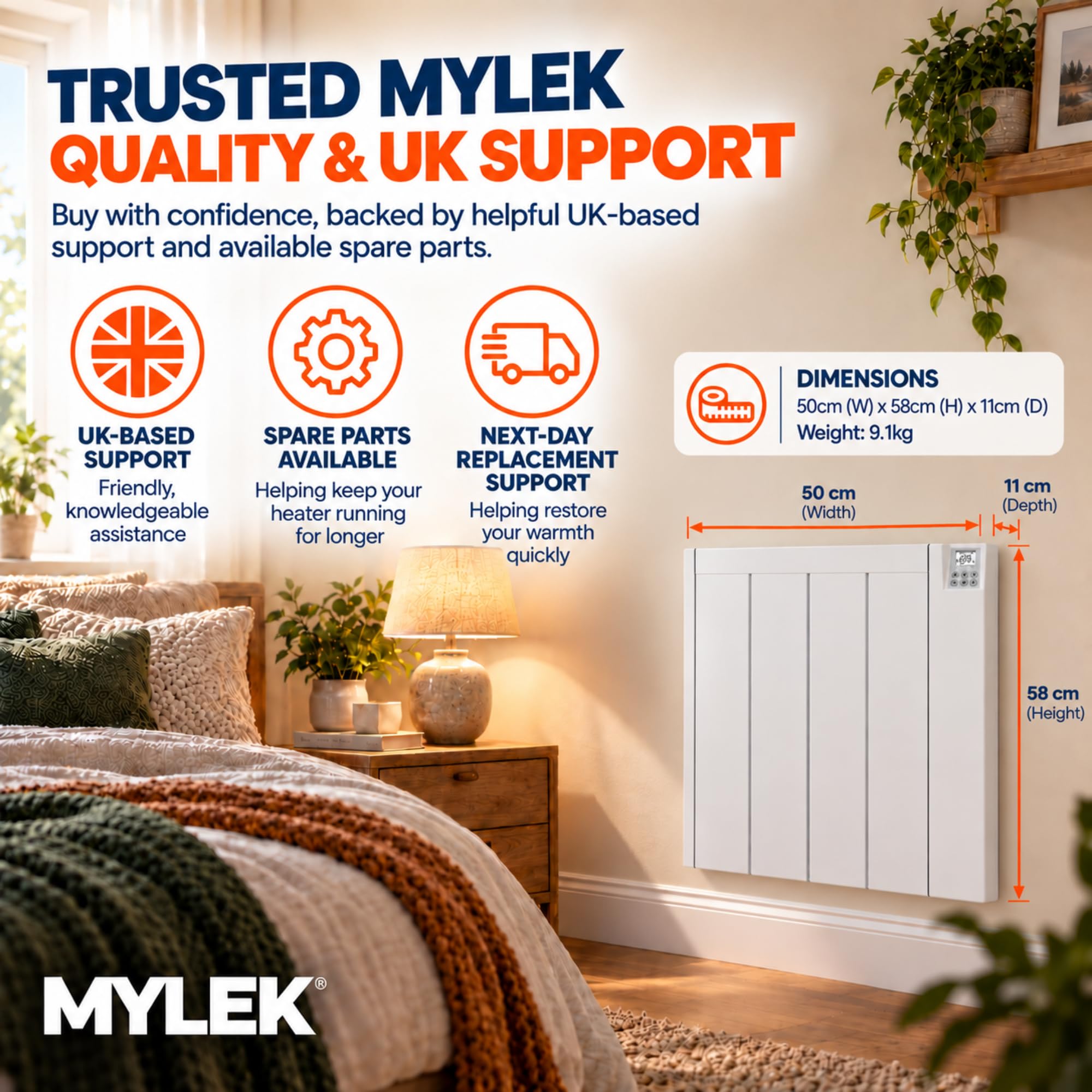 MYLEK,Radiatore elettrico a pannello in ceramica, con timer digitale programmabile da 1000 W, montaggio a parete, in alluminio, sottile, IP24, LOT 20, risparmio energetico (1000 W)